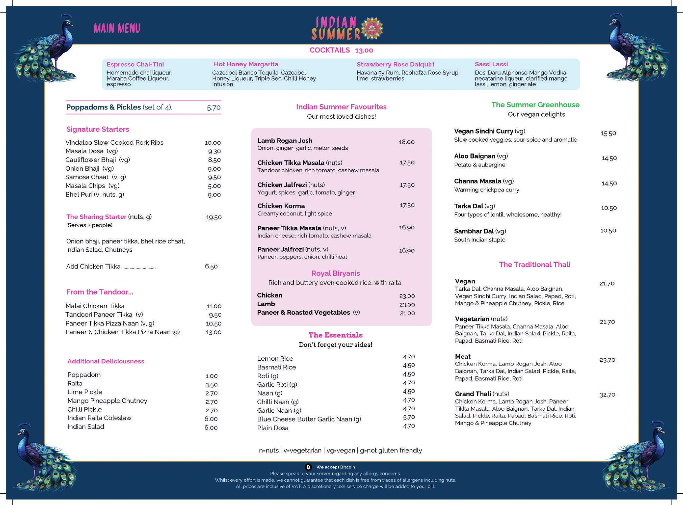 Indian Summer menu, page 1
