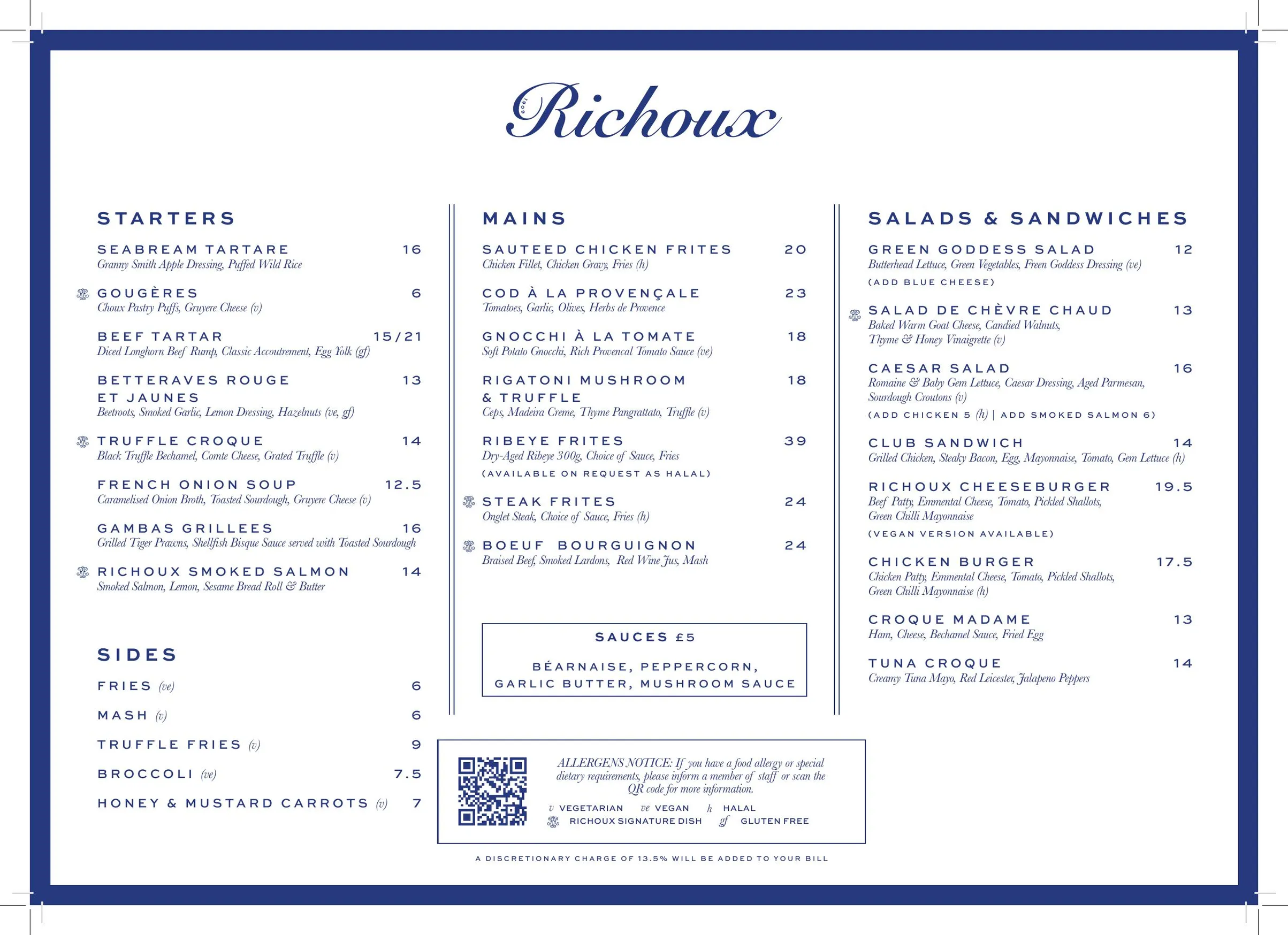 Richoux Oxford Circus menu, page 1