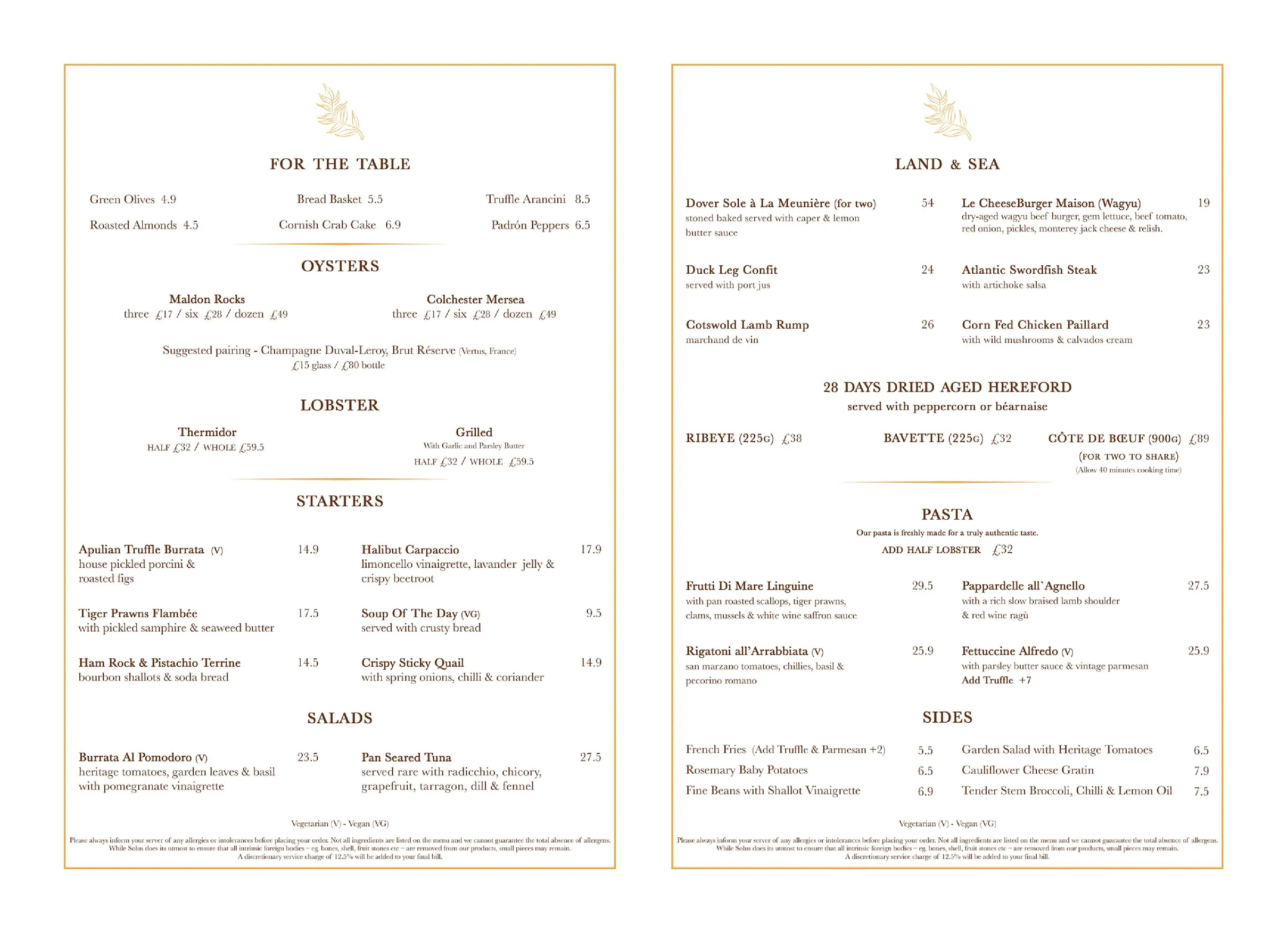Solus Kitchen and Bar menu, page 1
