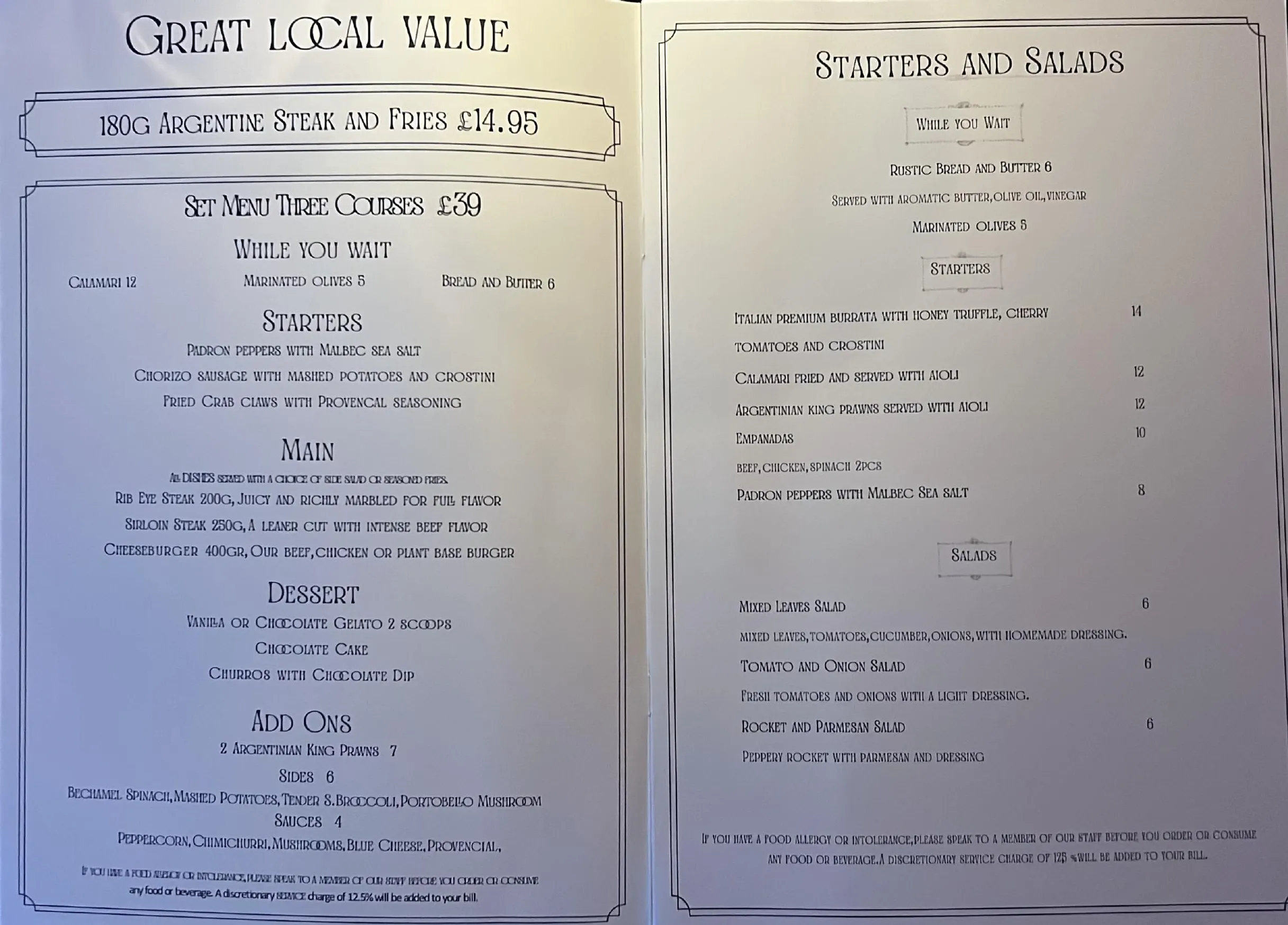 Mr. Steak Fulham menu, page 1