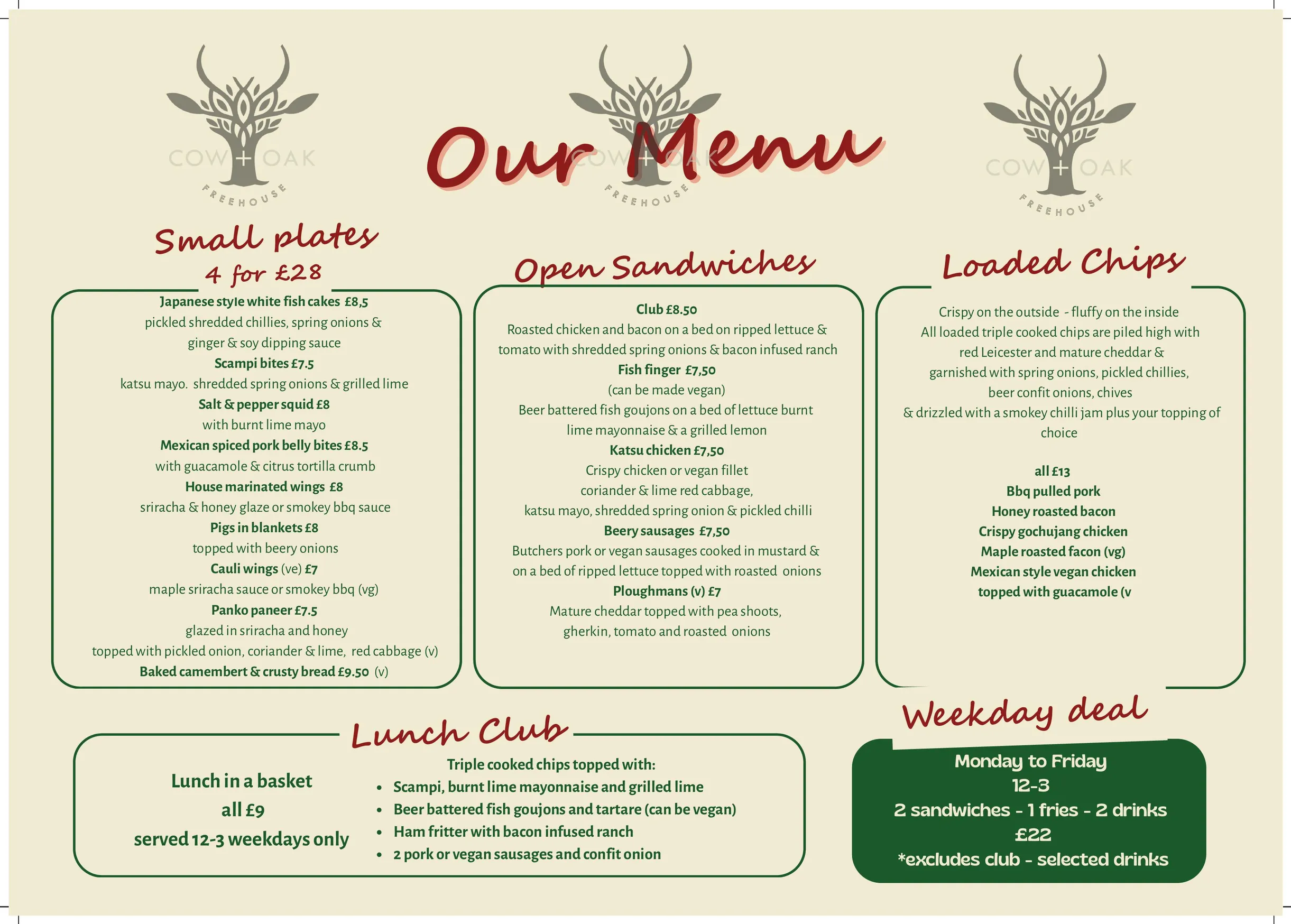 Cow & Oak menu, page 1