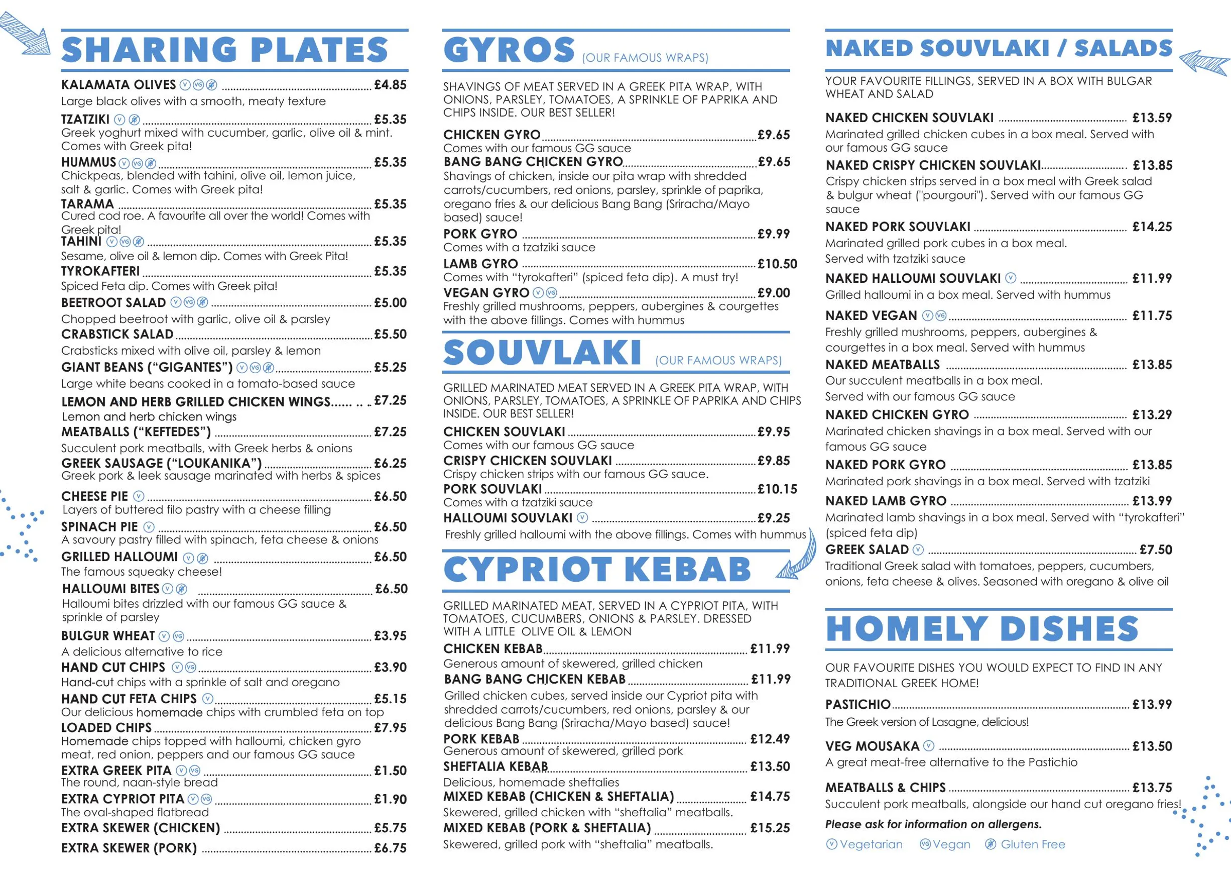 Going Greek menu, page 1