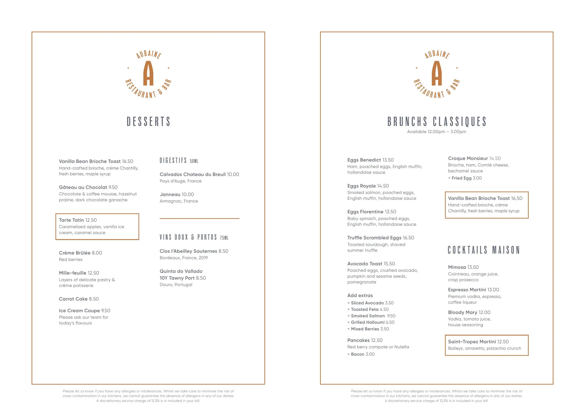 Aubaine menu, page 1