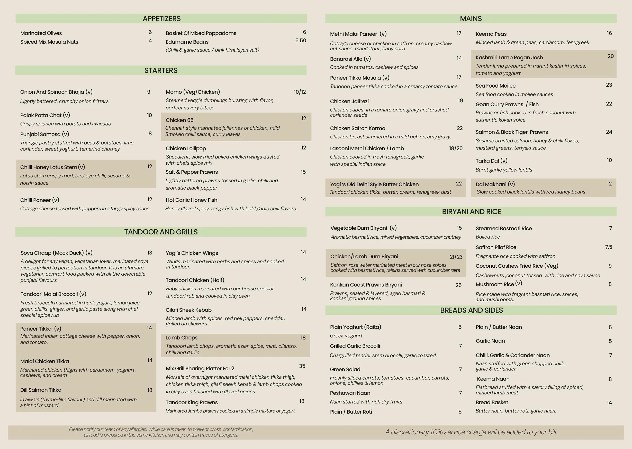 Yogi's menu, page 2