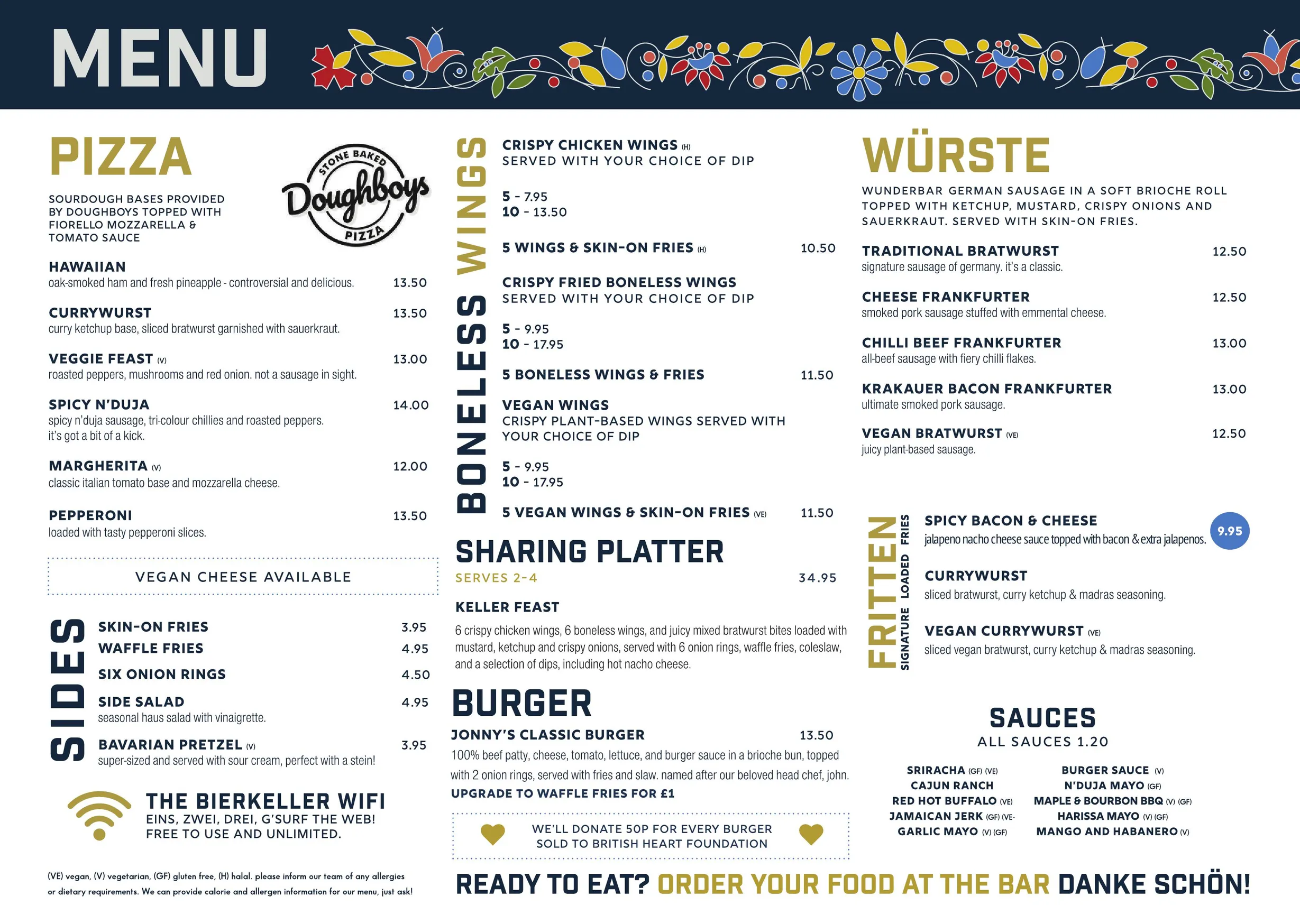 The Bierkeller menu, page 1