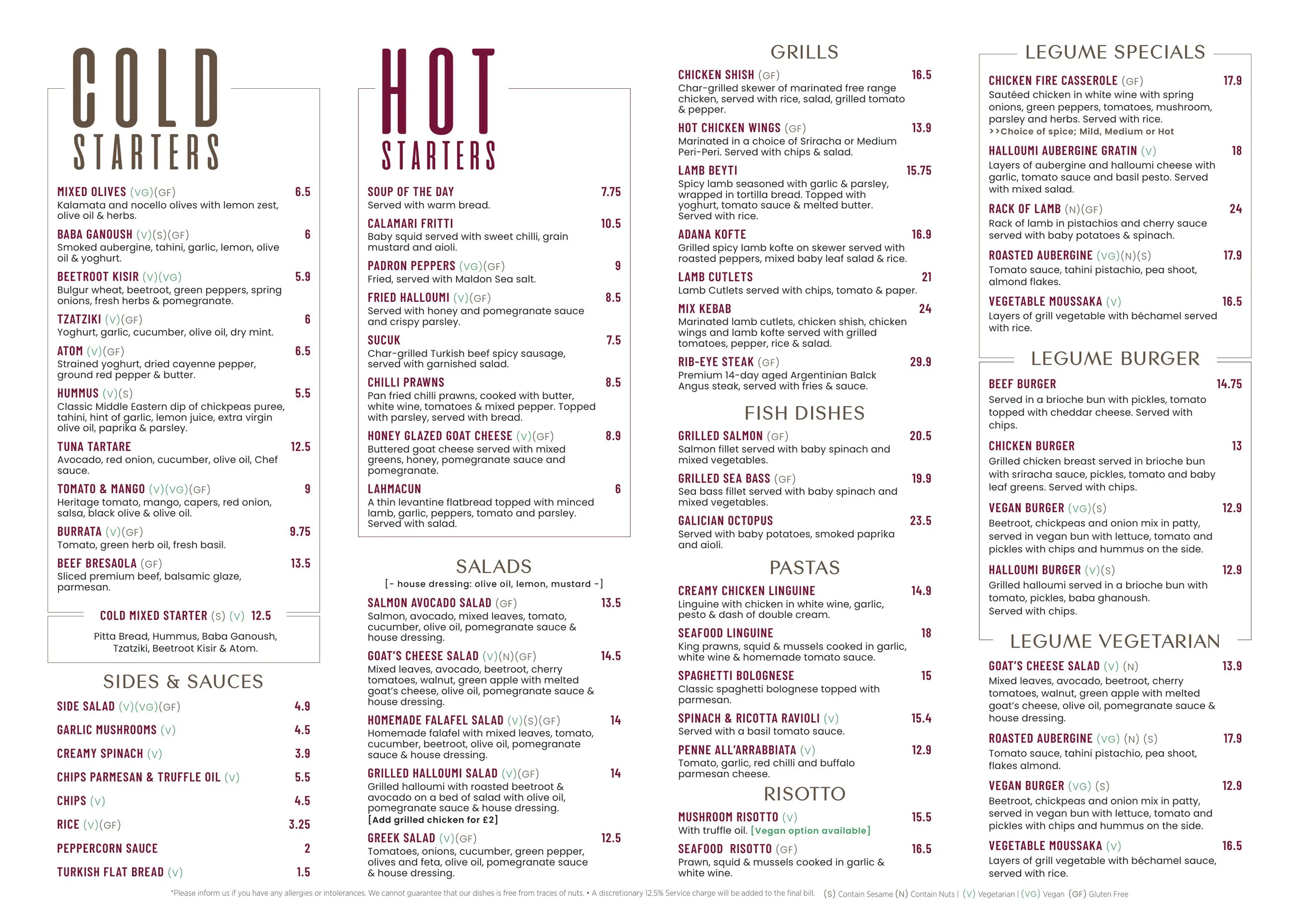 The Blue Legume menu, page 2