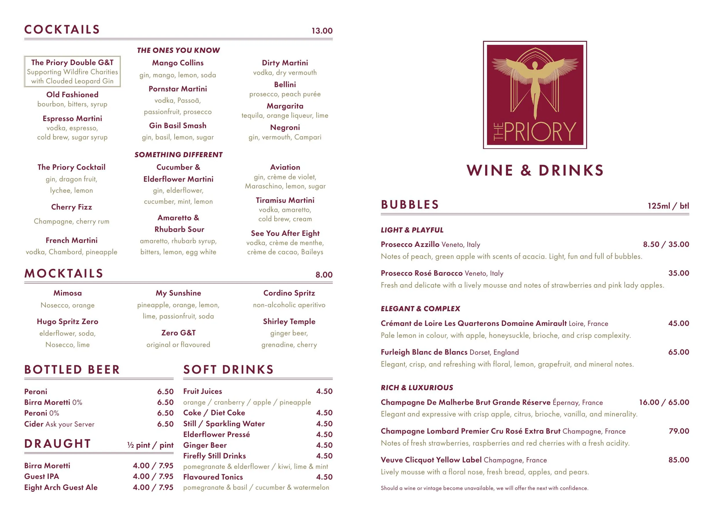 The Priory Restaurant menu, page 4