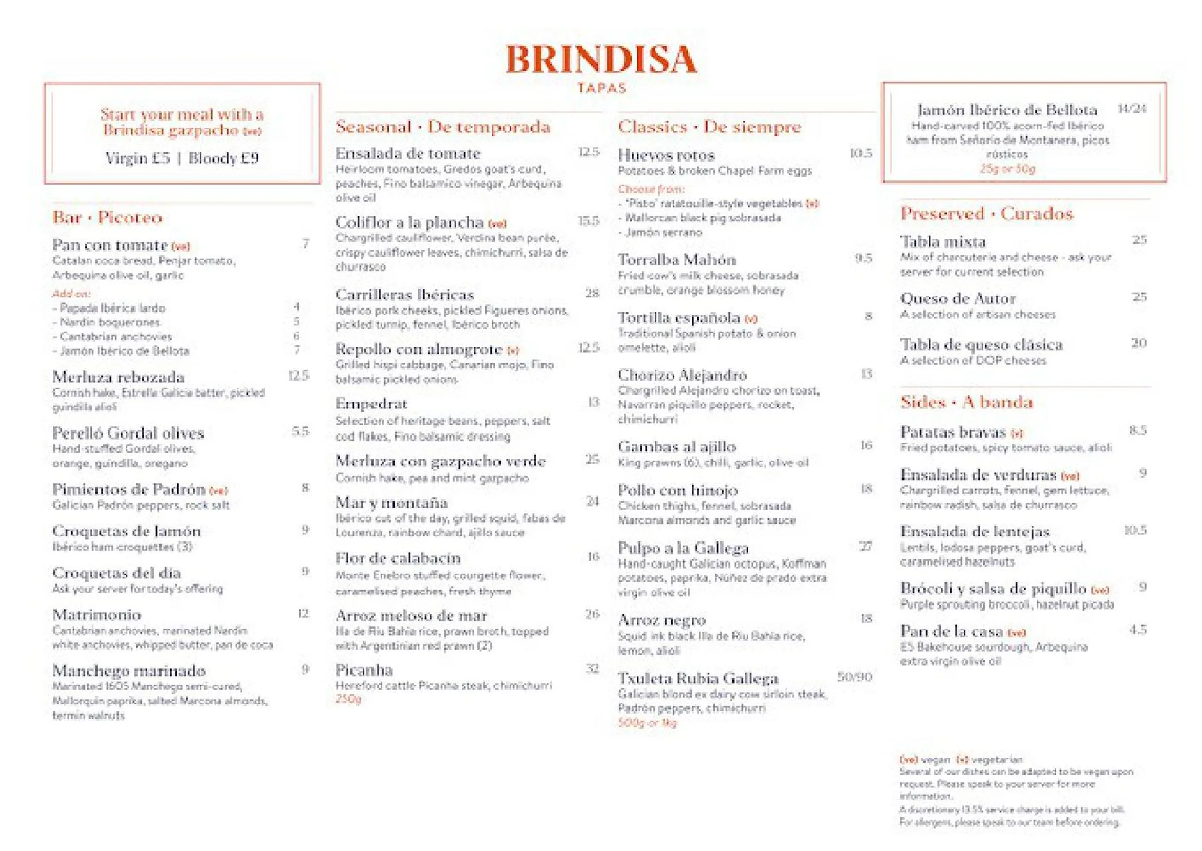 Brindisa Tapas menu, page 1