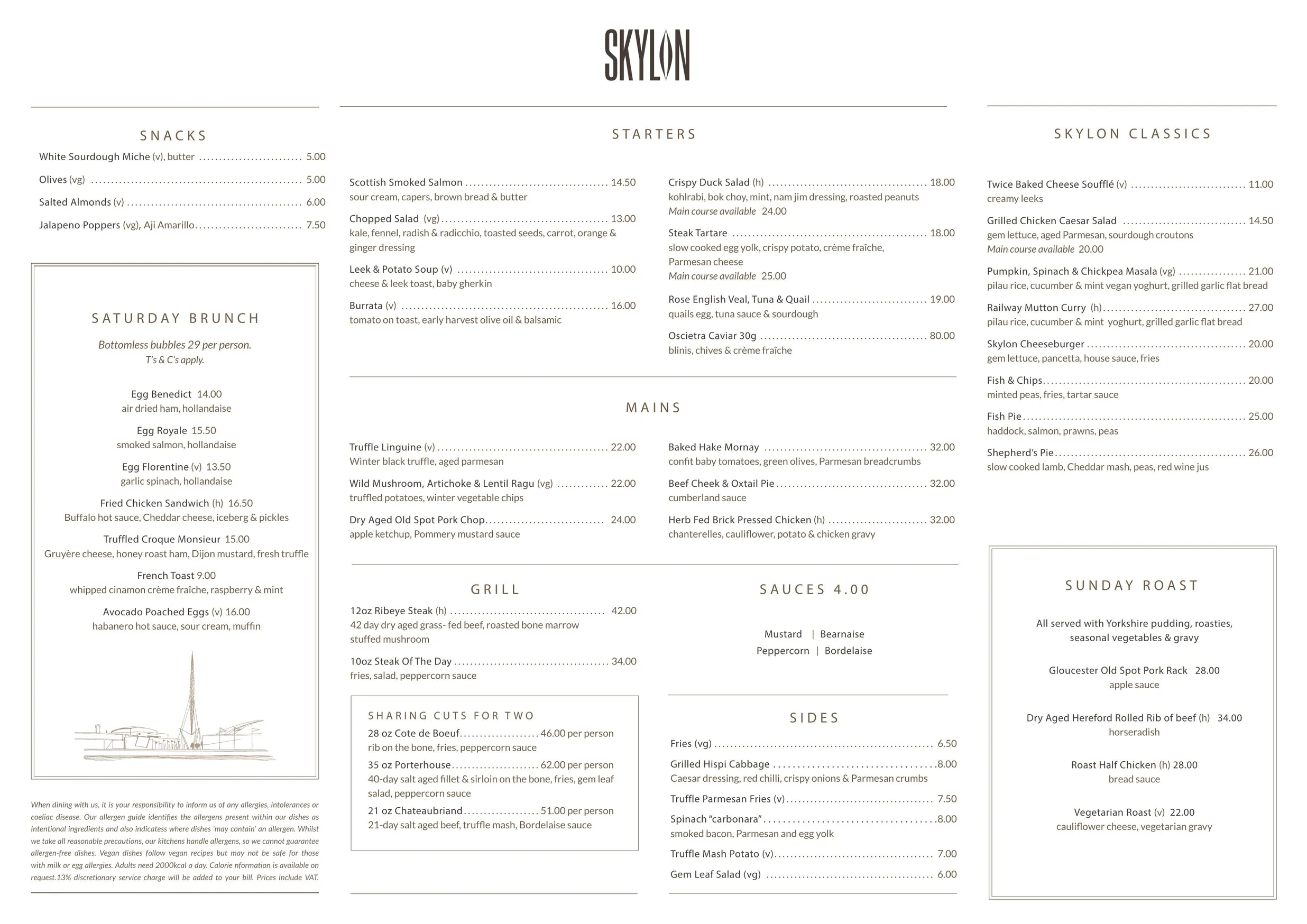 Skylon menu, page 1