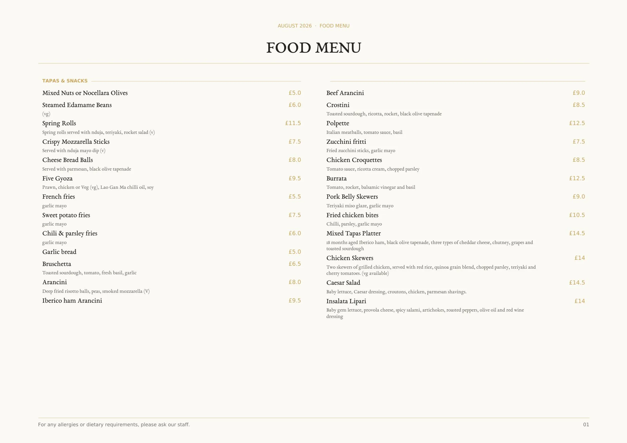 MAP Maison menu, page 1