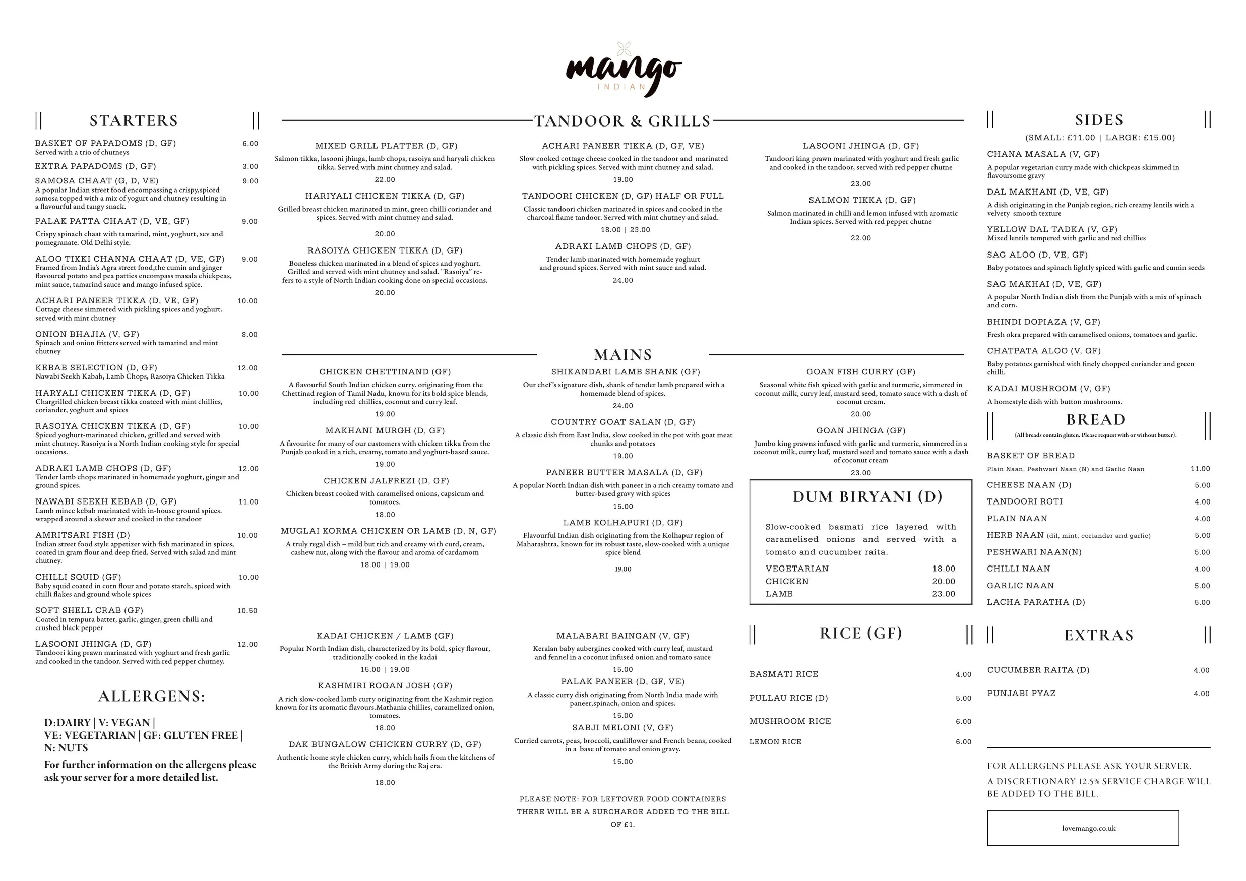 Mango Indian menu, page 1