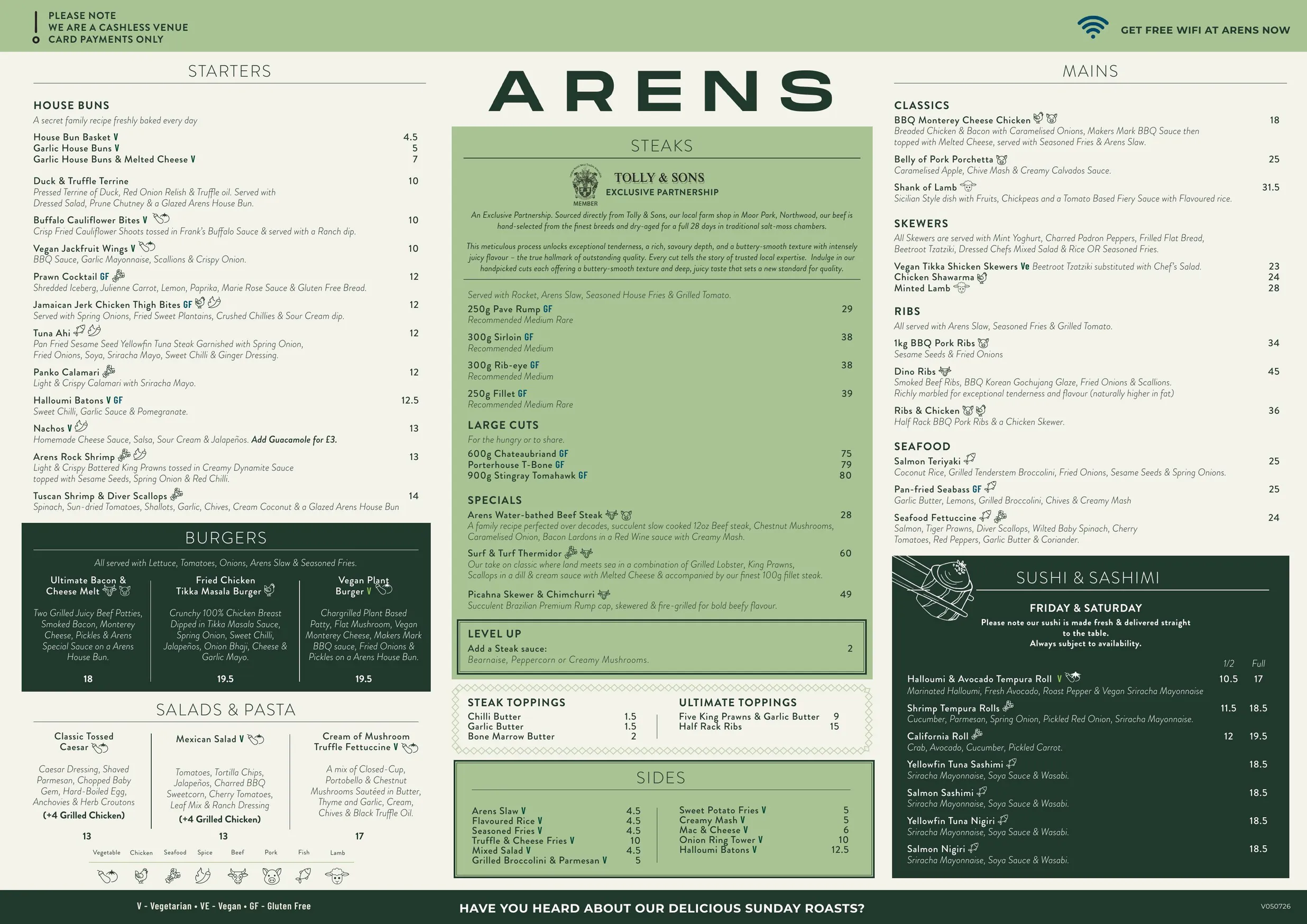 Arens at The Six Bells menu, page 1