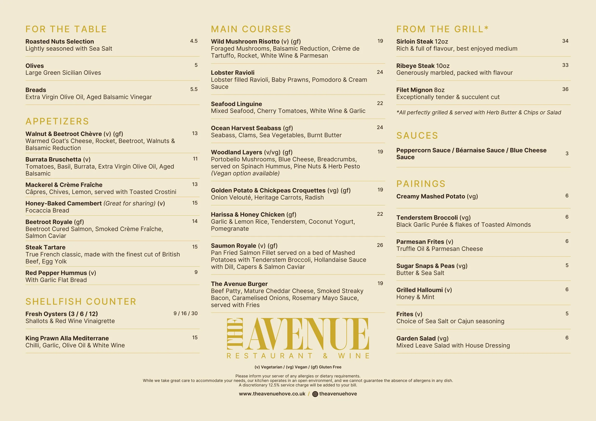 The Avenue menu, page 1