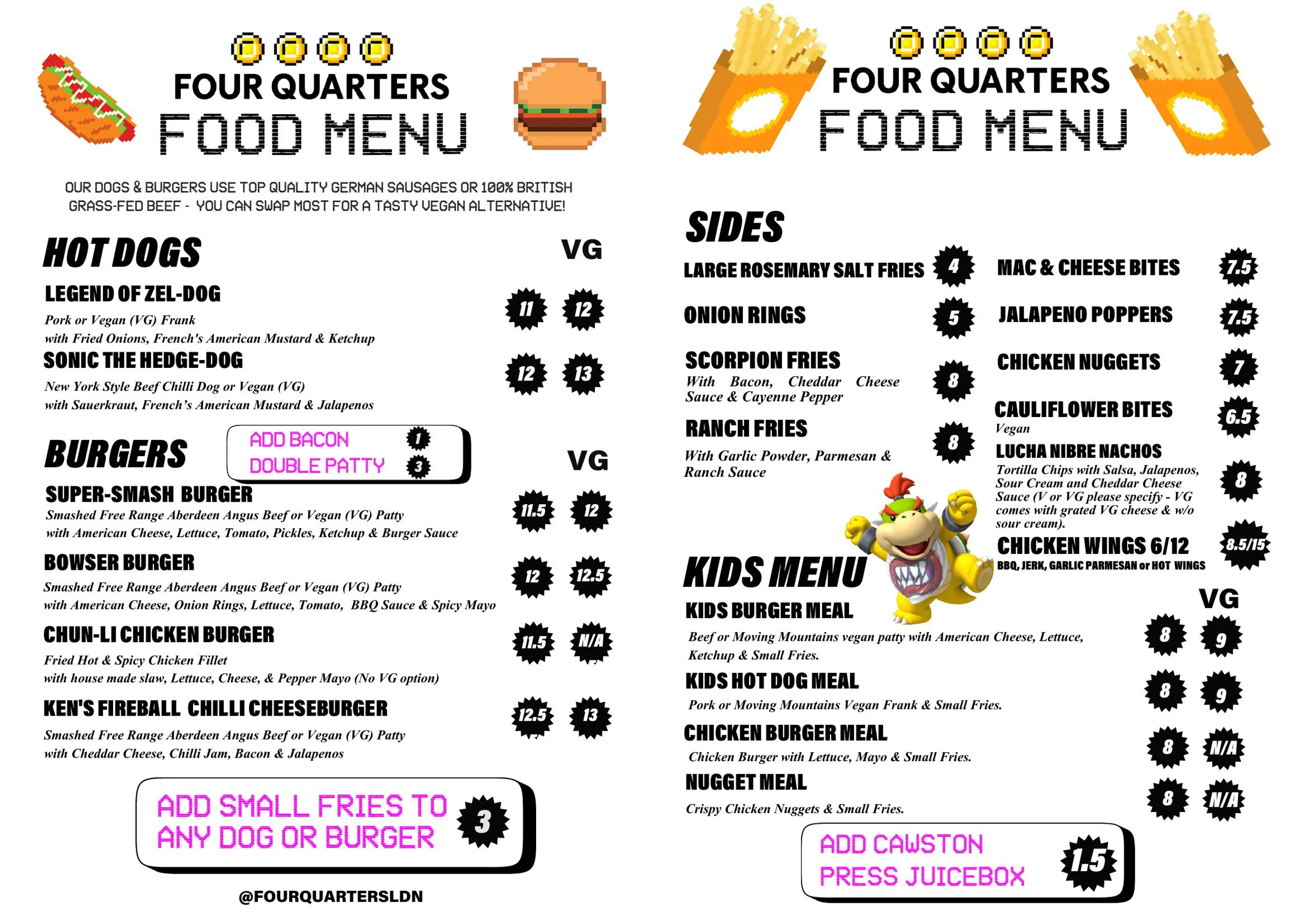 Four Quarters menu, page 1