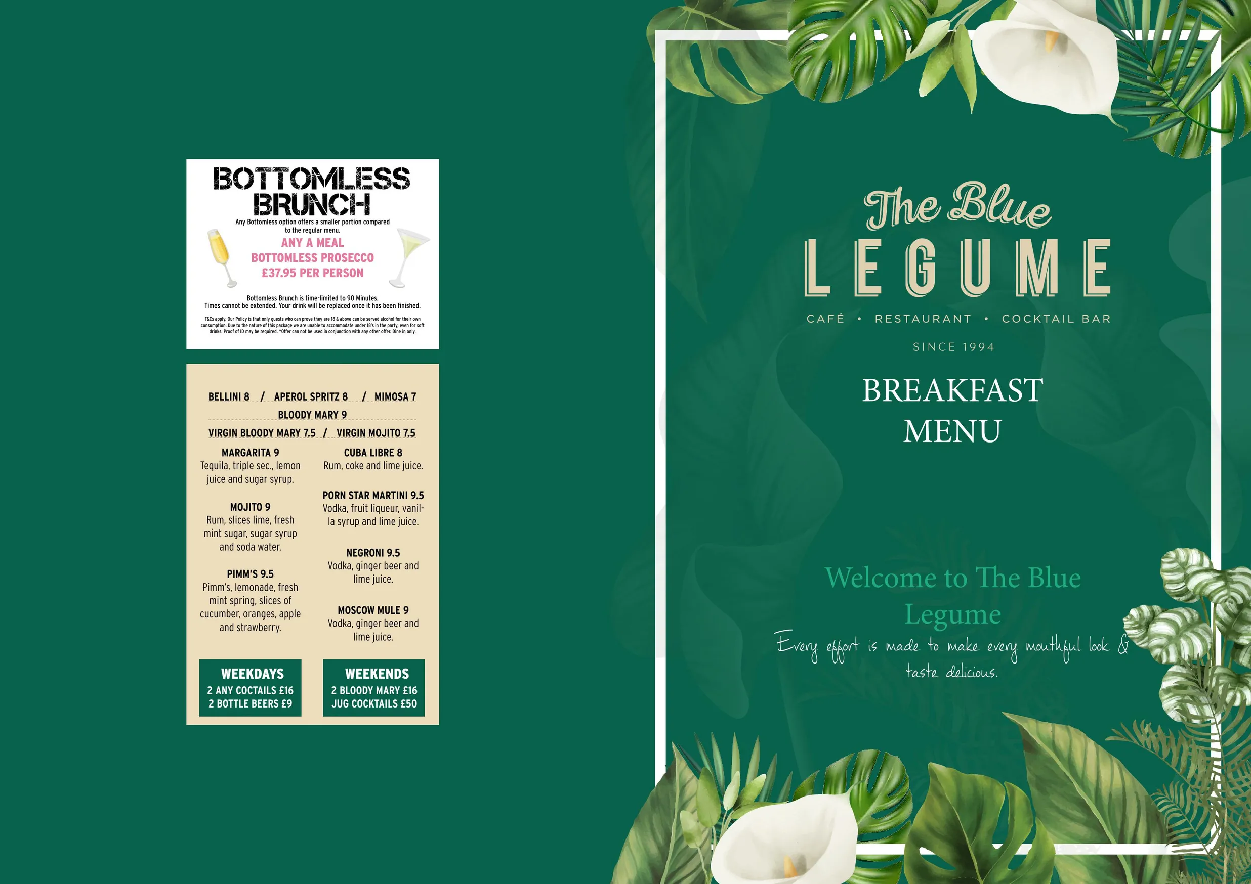 The Blue Legume menu, page 4