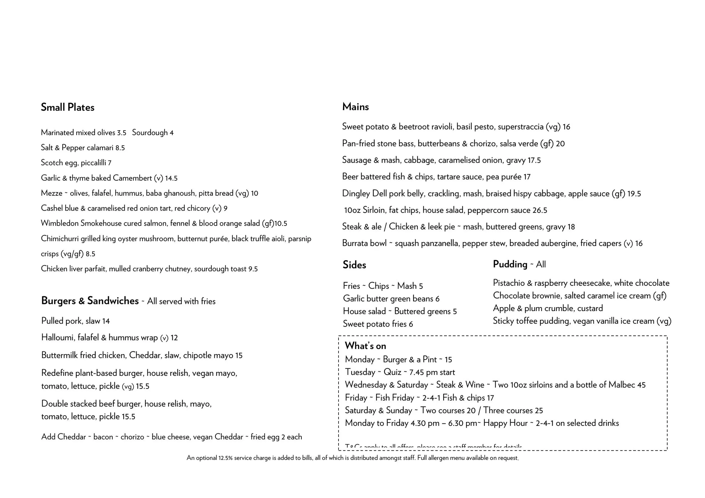 The Tommyfield menu, page 1