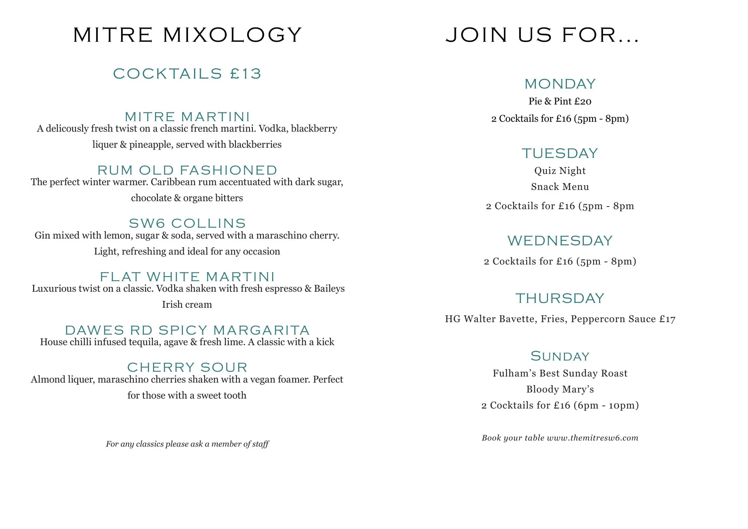 The Mitre Fulham menu, page 7