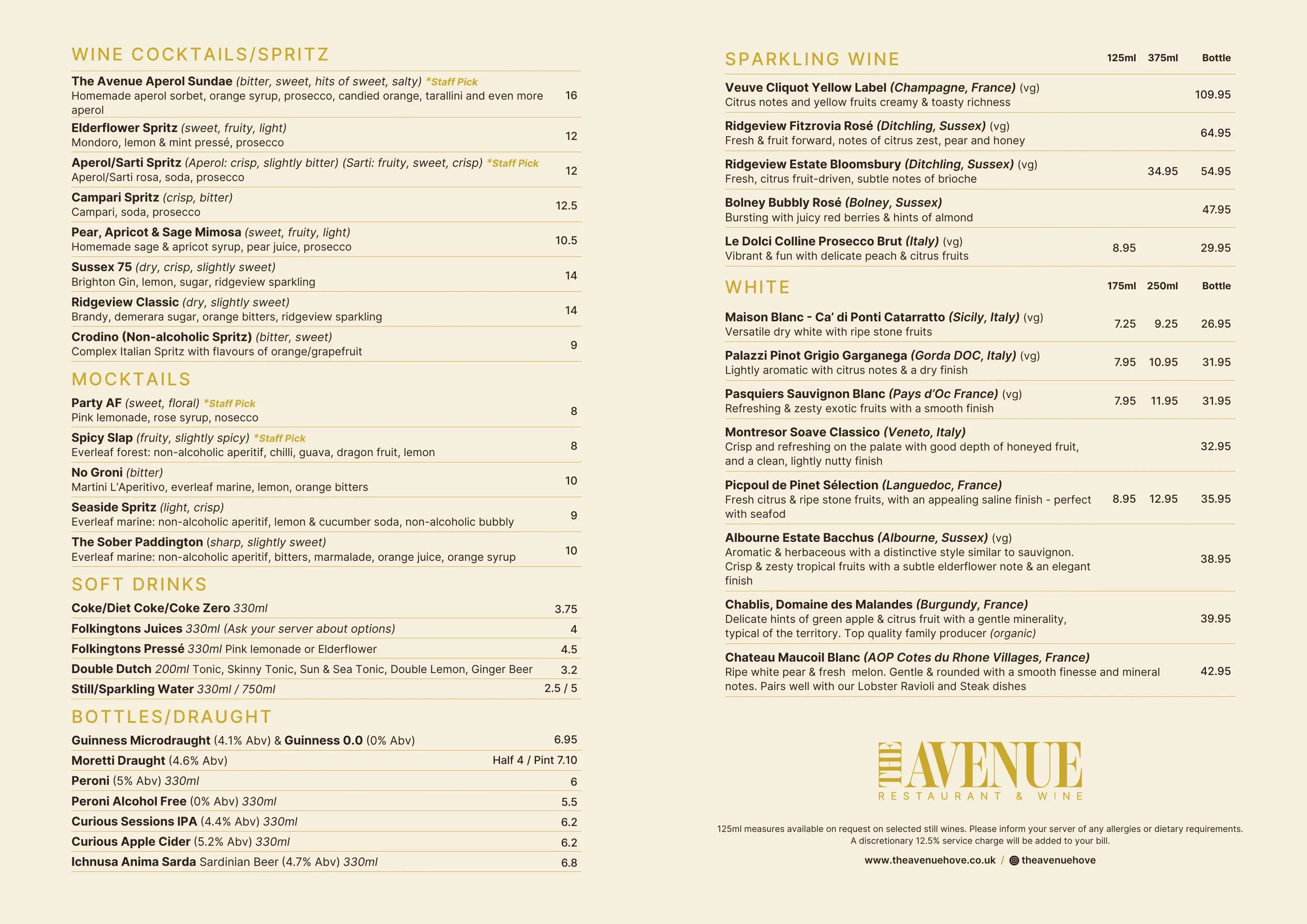 The Avenue menu, page 3
