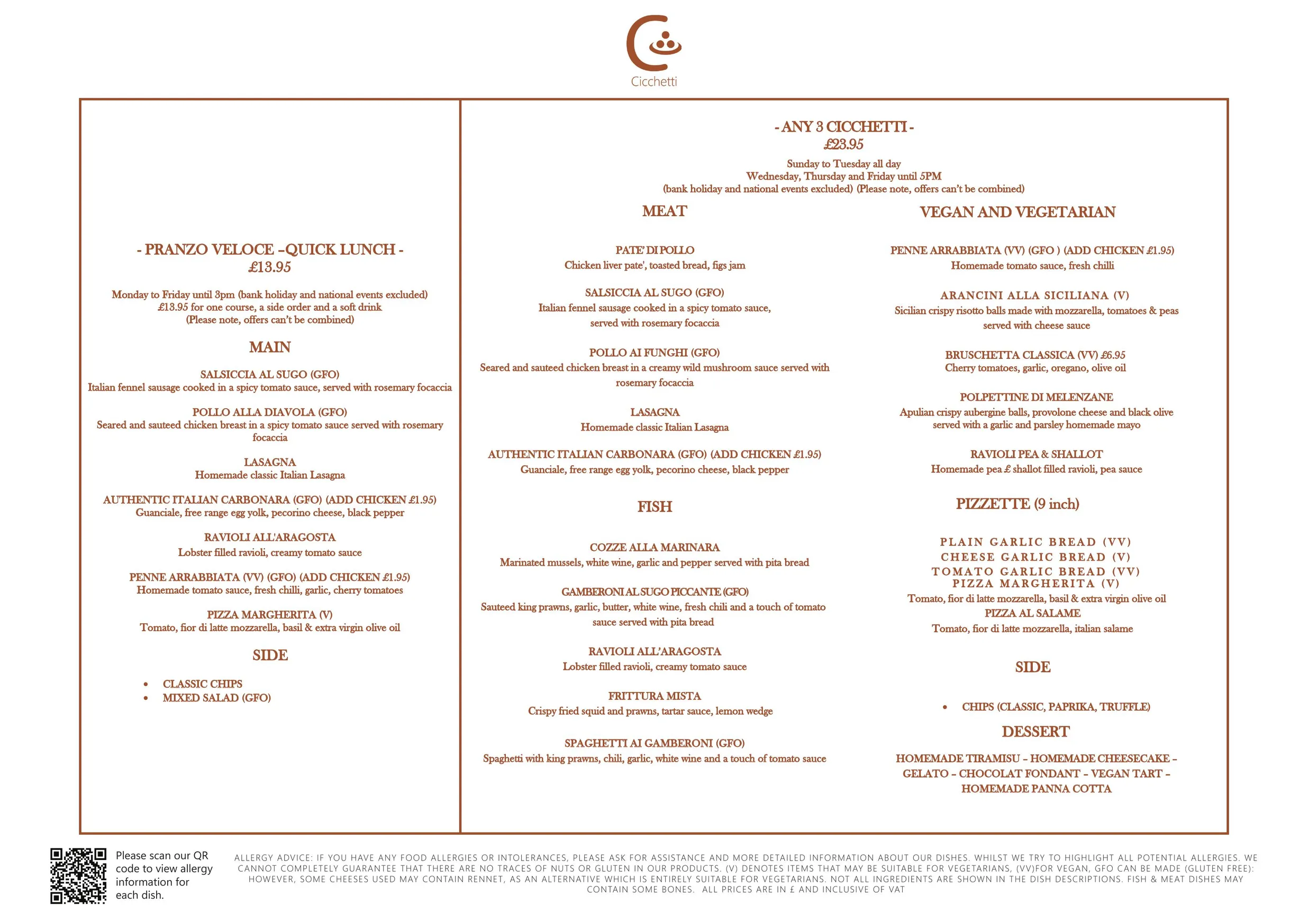 Cicchetti menu, page 1