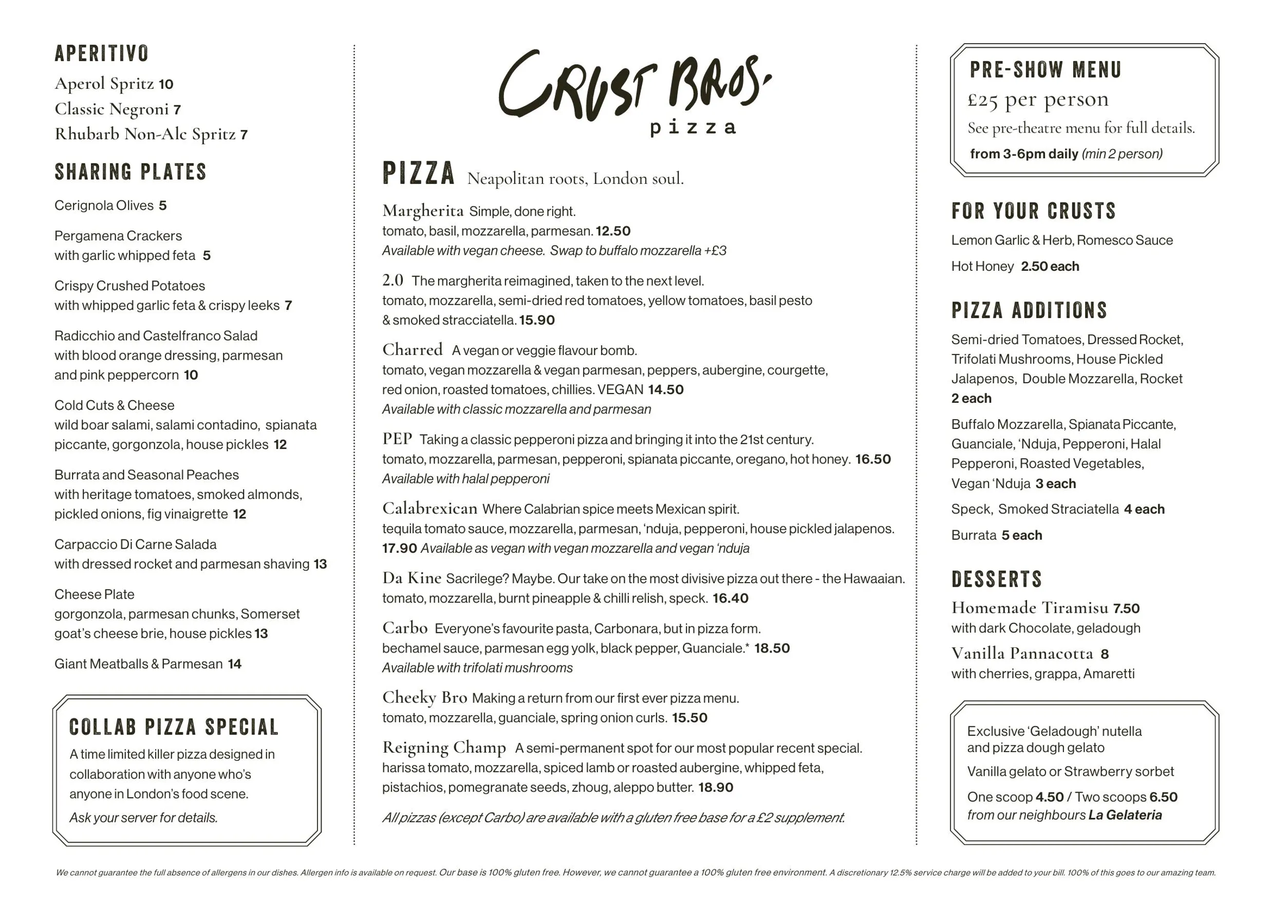 Crust Bros menu, page 1