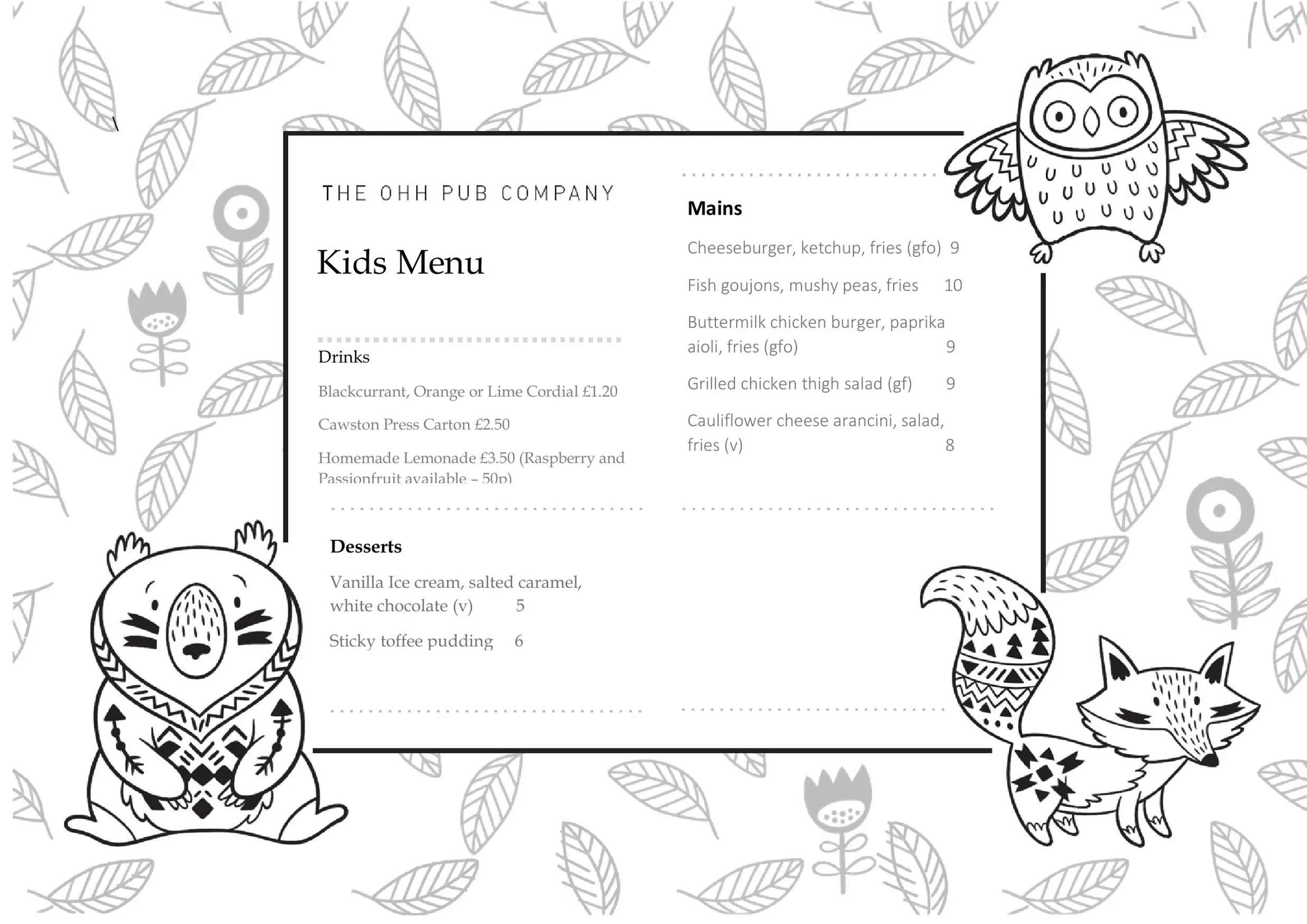 The Bear & Swan menu, page 4