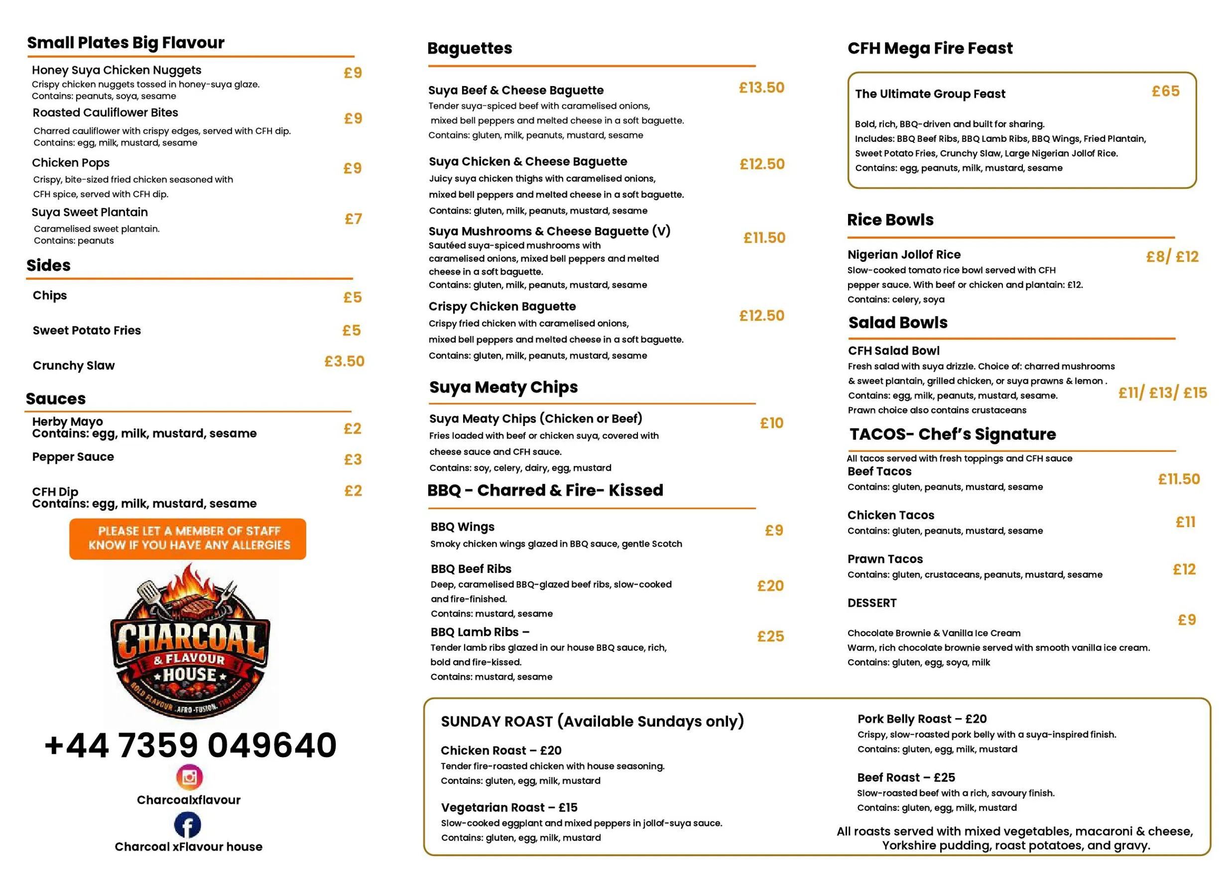 Charcoal and Flavour House menu, page 1