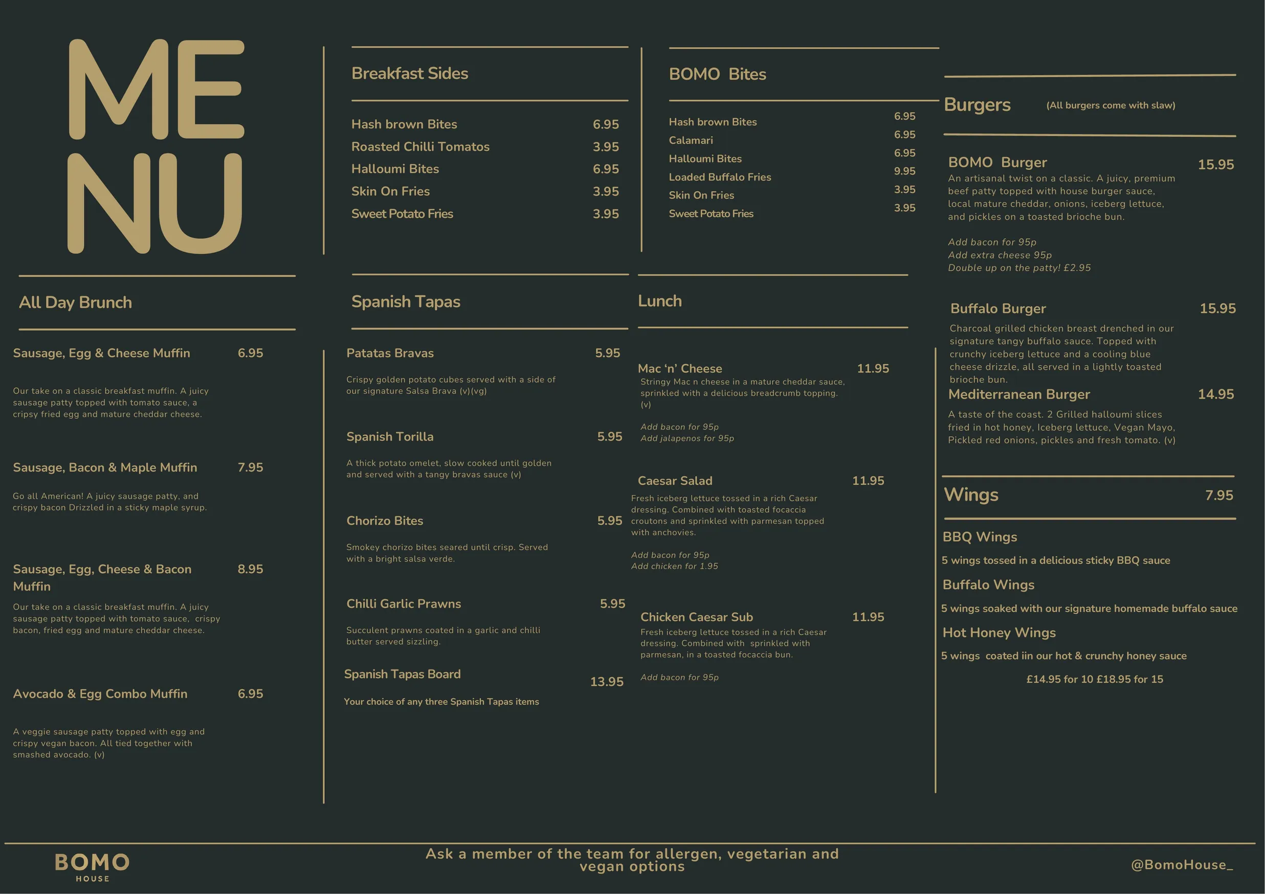 BOMO House menu, page 1