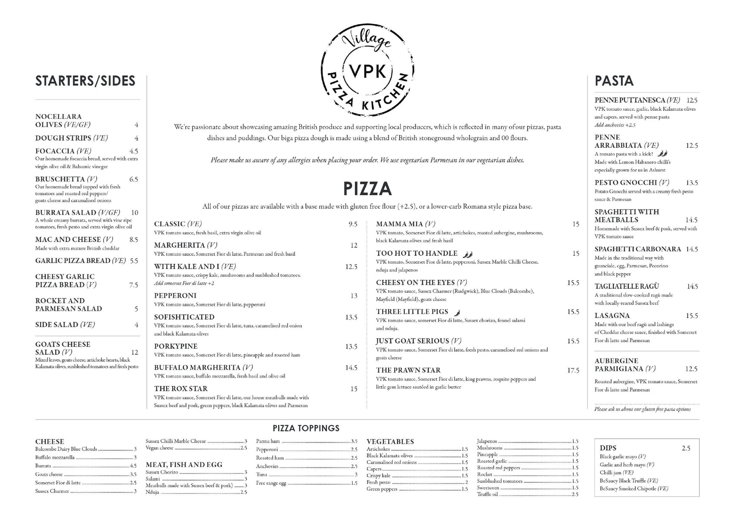 Village Pizza Kitchen menu, page 1