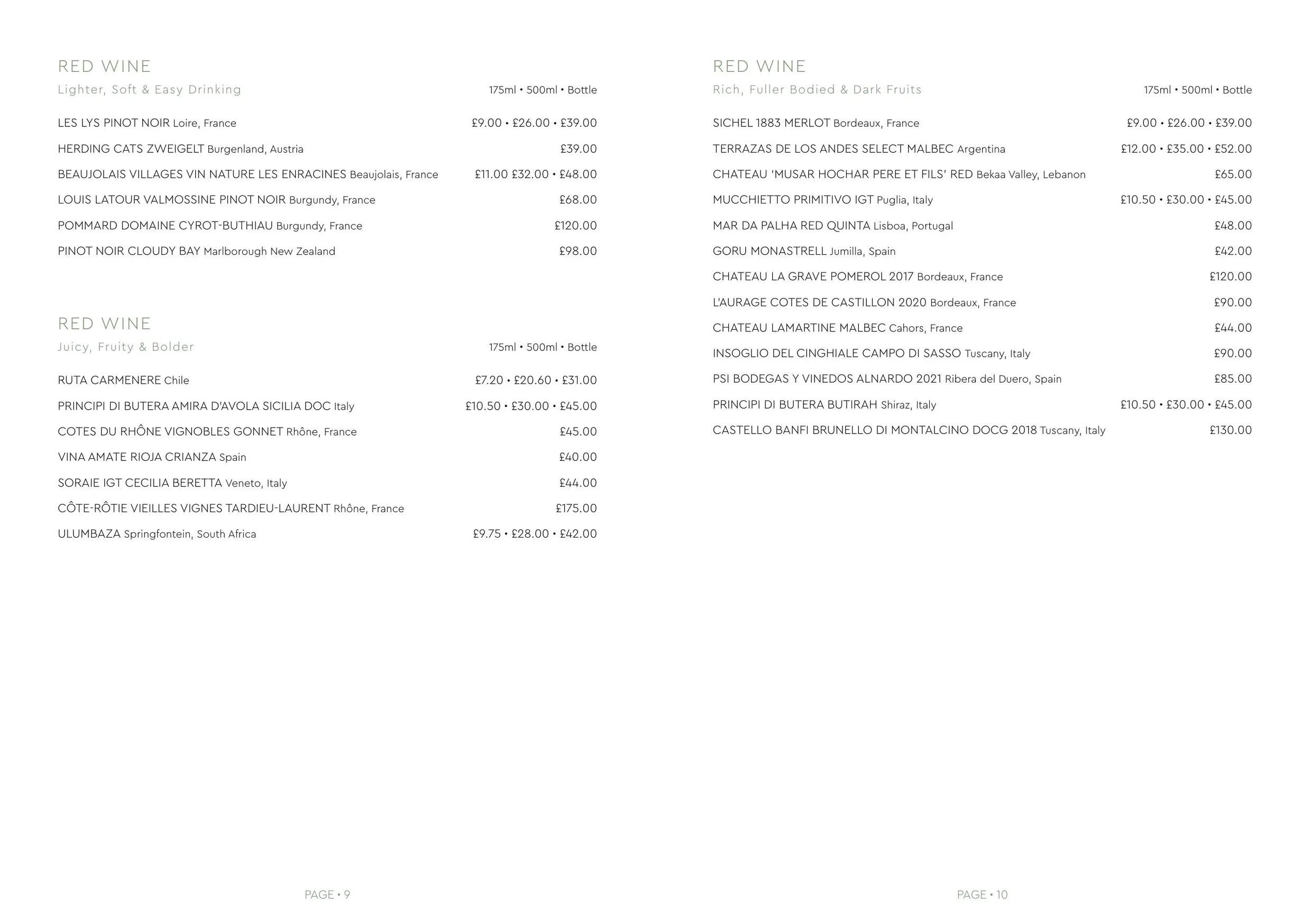 Ralph & Finns menu, page 9