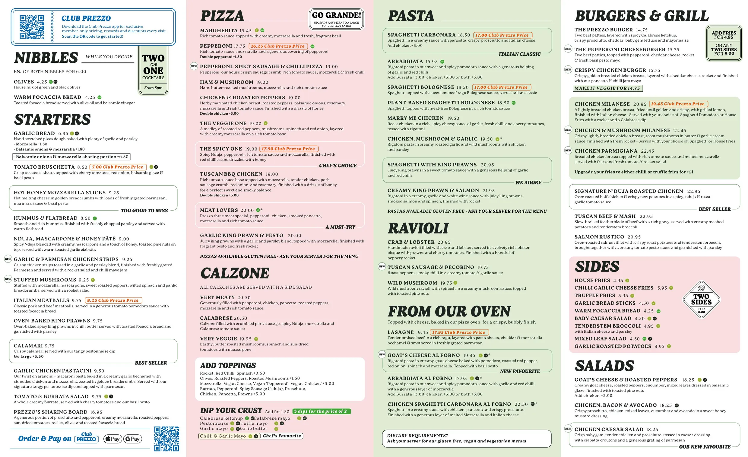 Prezzo Italian menu, page 1