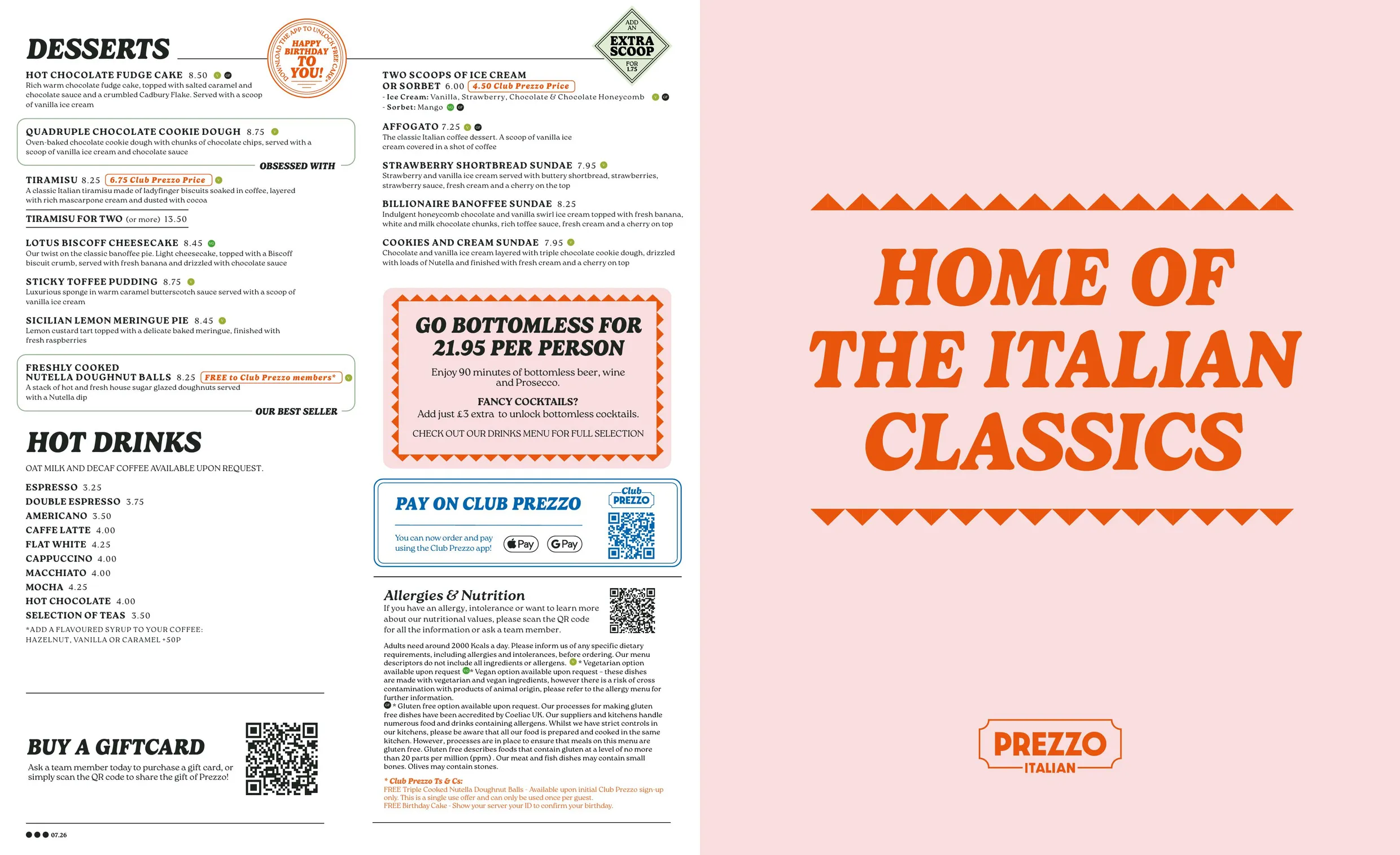 Prezzo Italian menu, page 2
