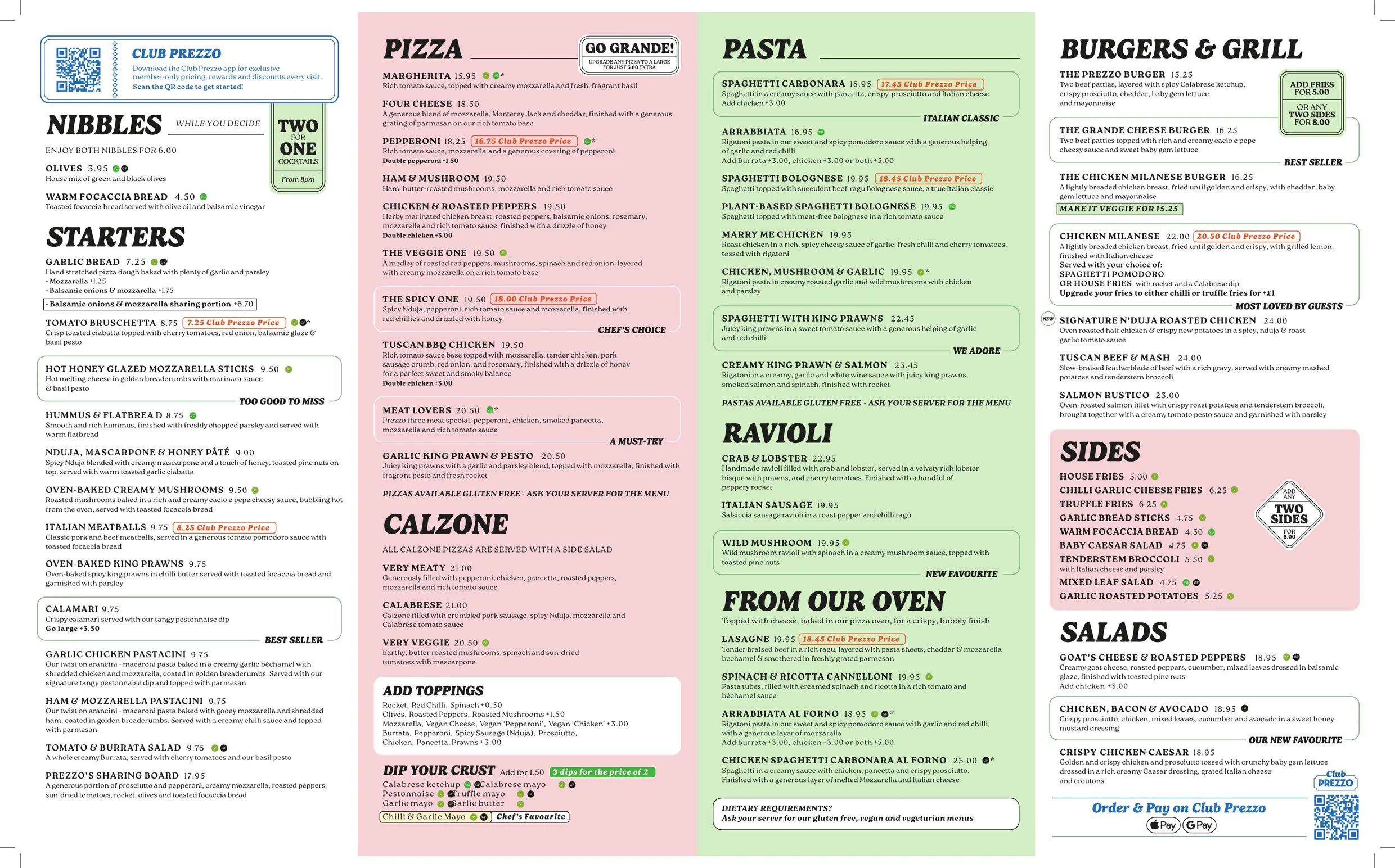 Prezzo Italian menu, page 1