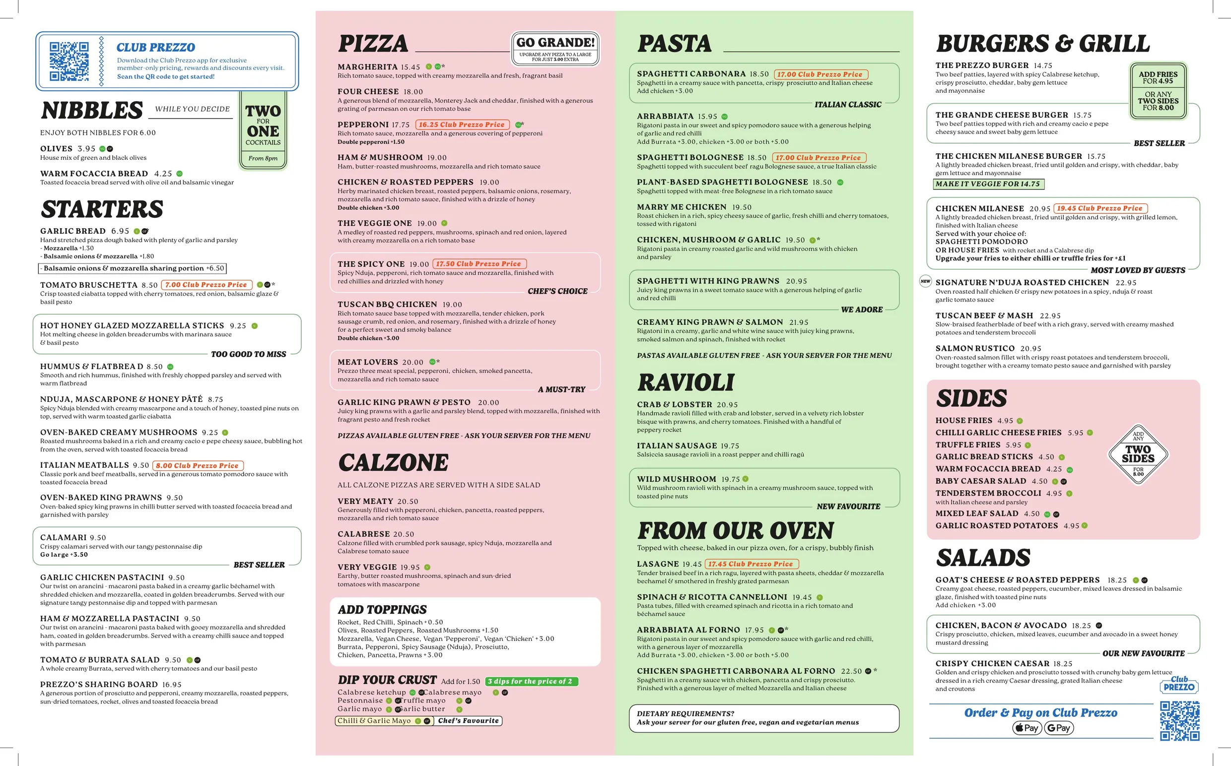 Prezzo Italian menu, page 1
