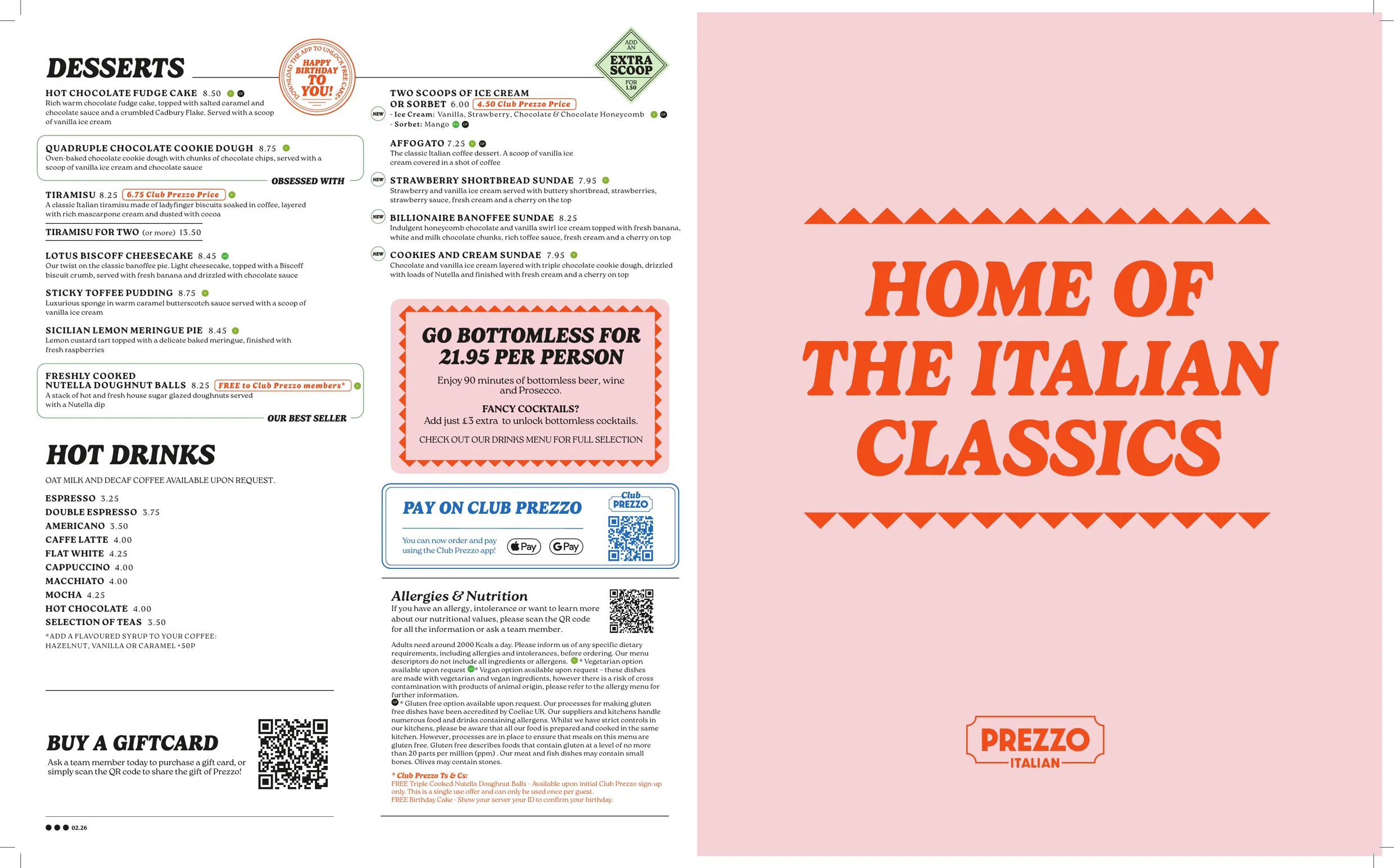 Prezzo Italian menu, page 2