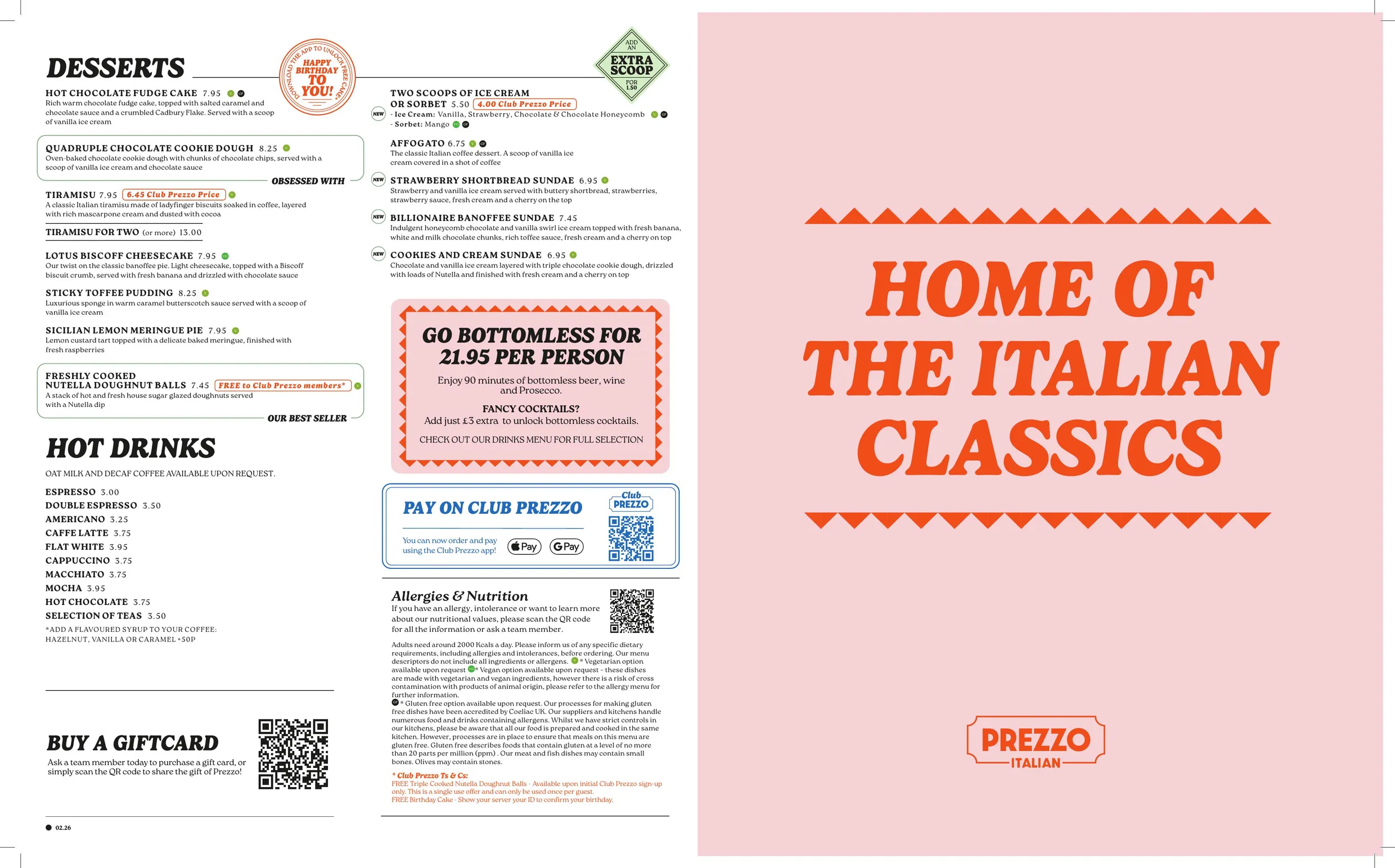 Prezzo Italian menu, page 2