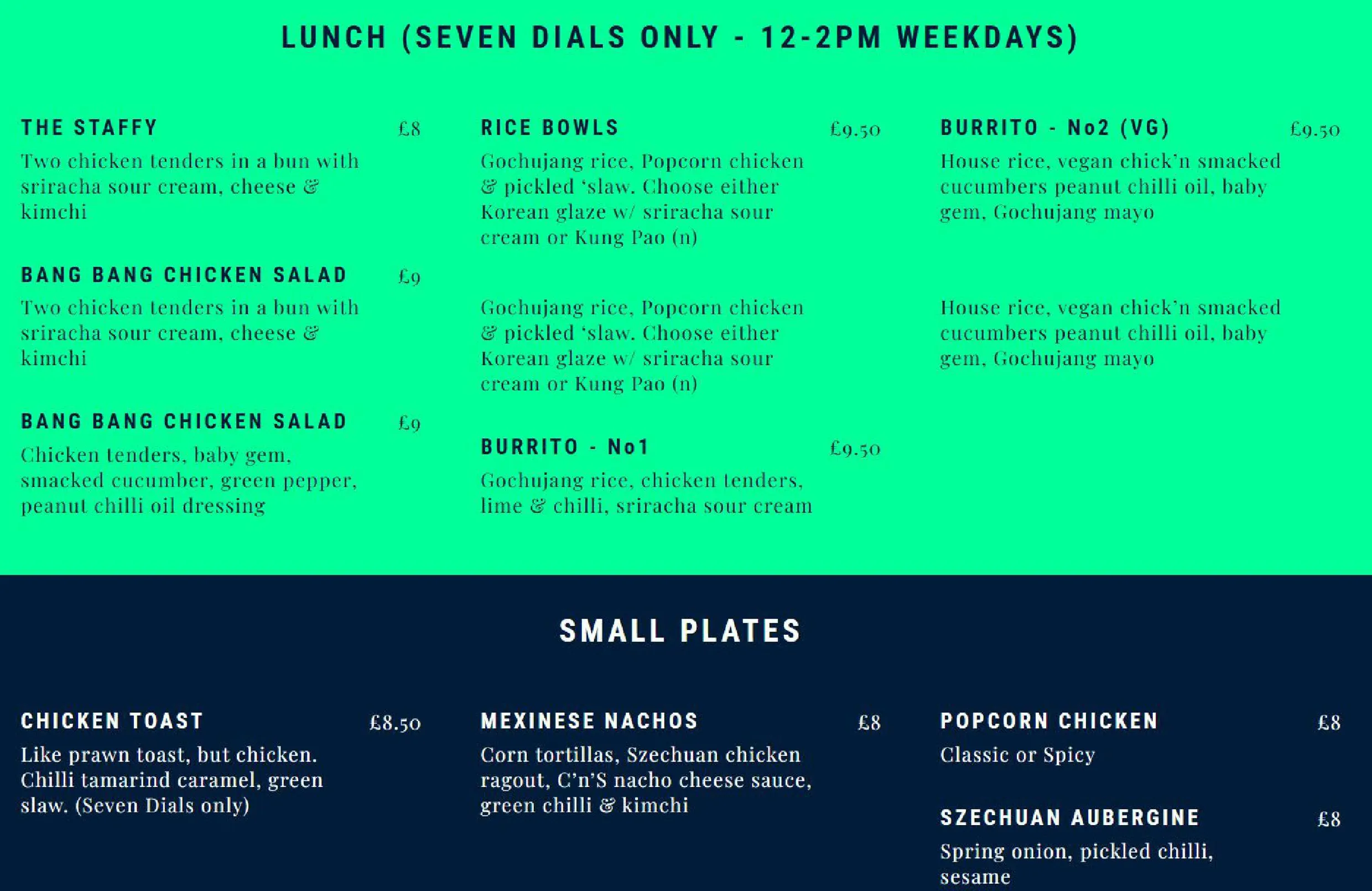 Chick 'N' Sours Seven Dials menu, page 1