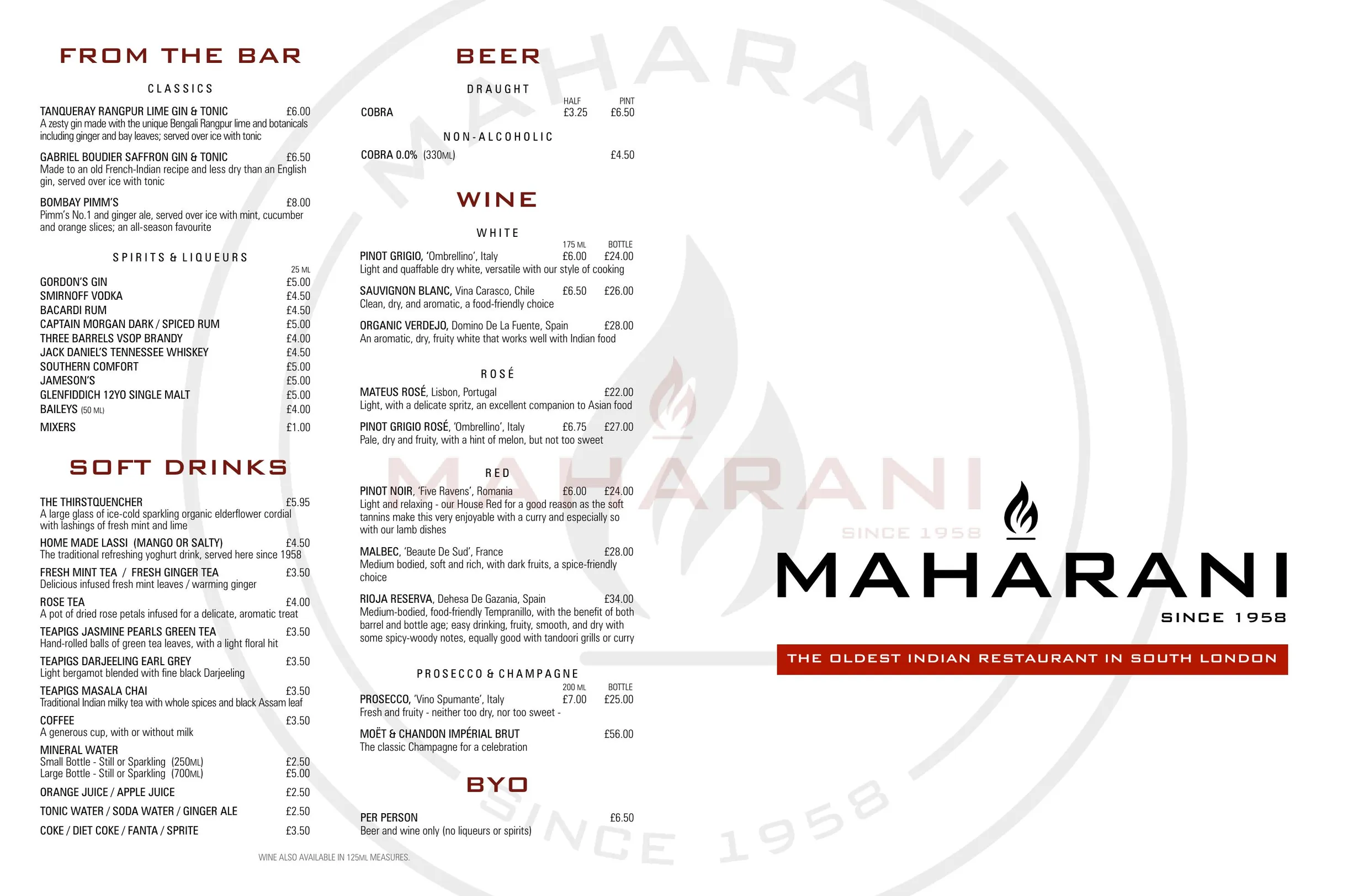 Maharani menu, page 1