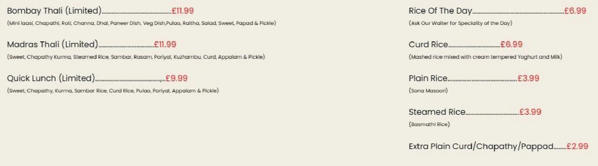 Madras Flavours menu, page 4