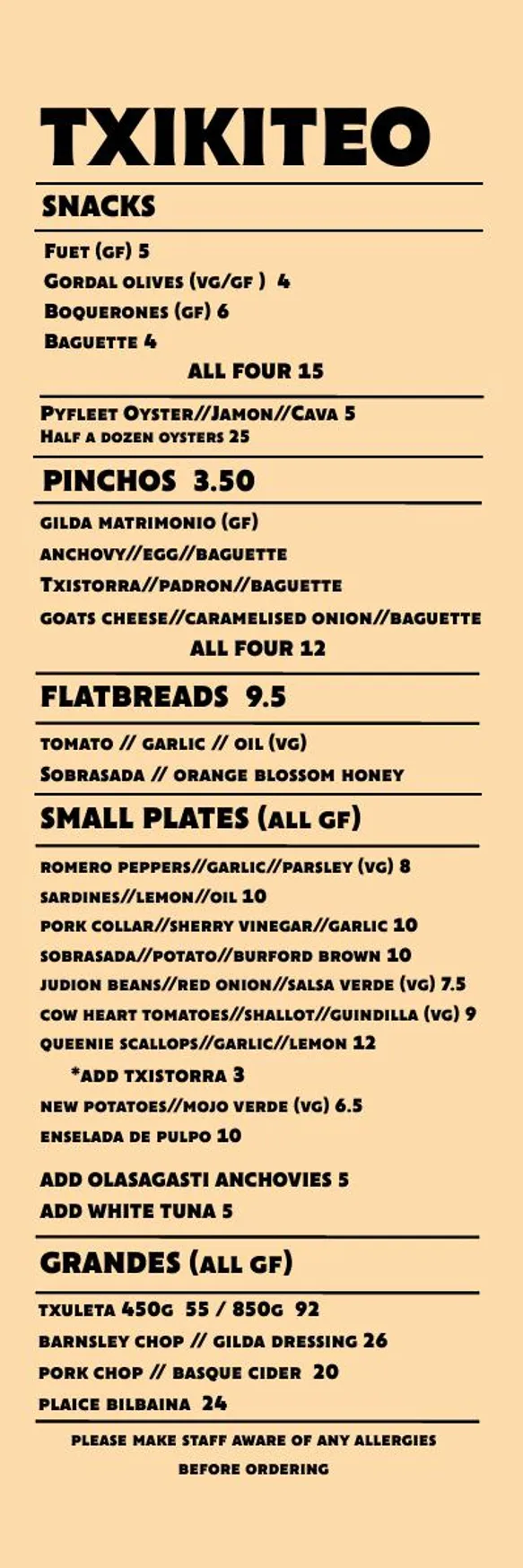 Txikiteo menu, page 1