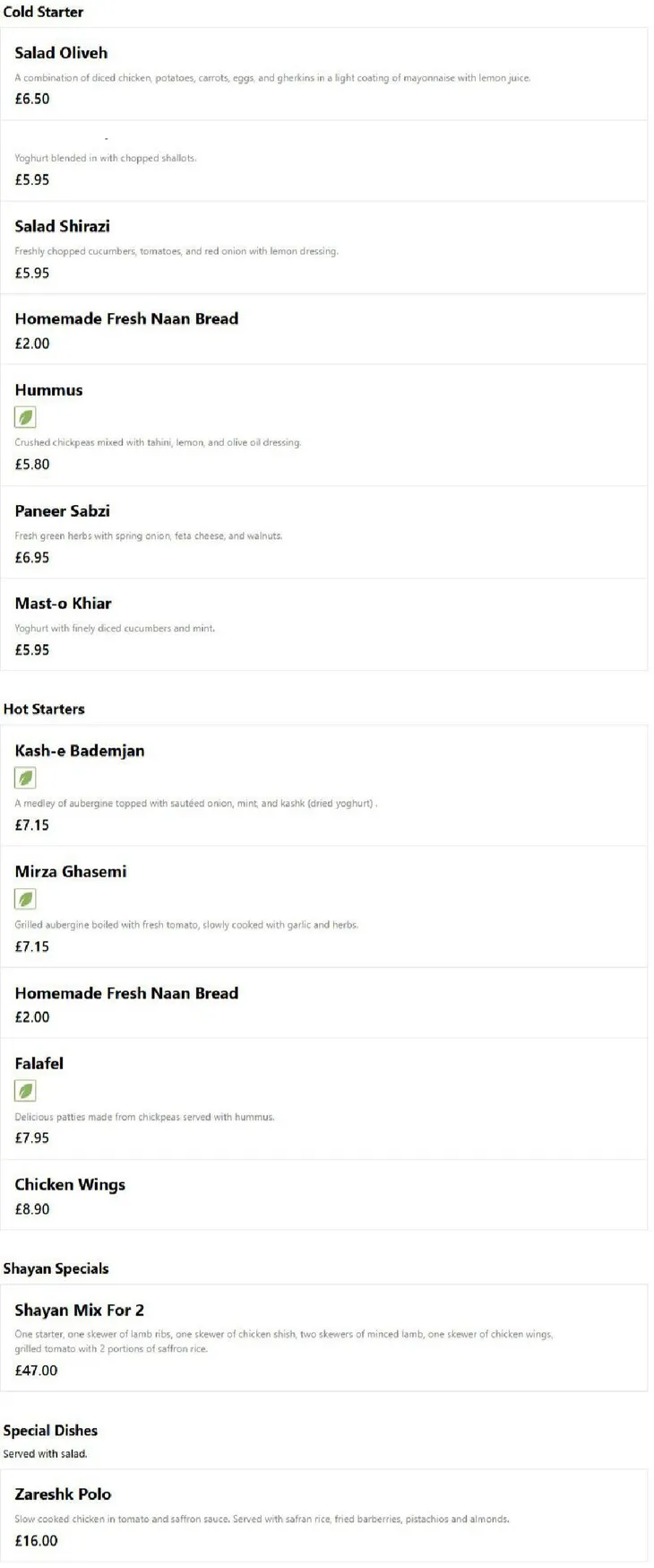 Shayan Persian Kitchen menu, page 1