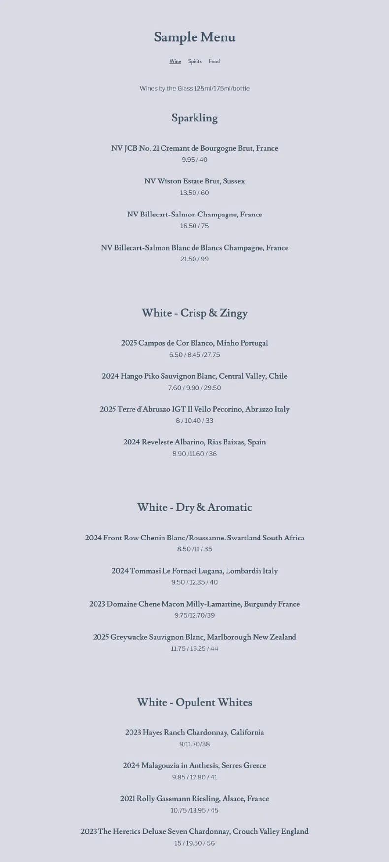 The Wine Room menu, page 6