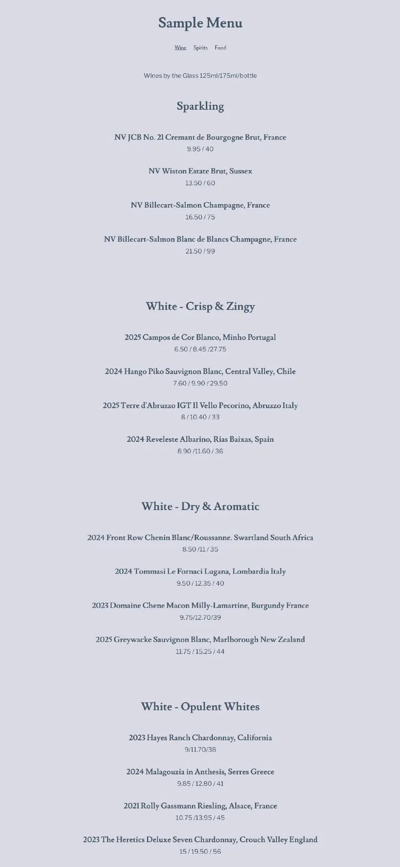 The Wine Room menu, page 3