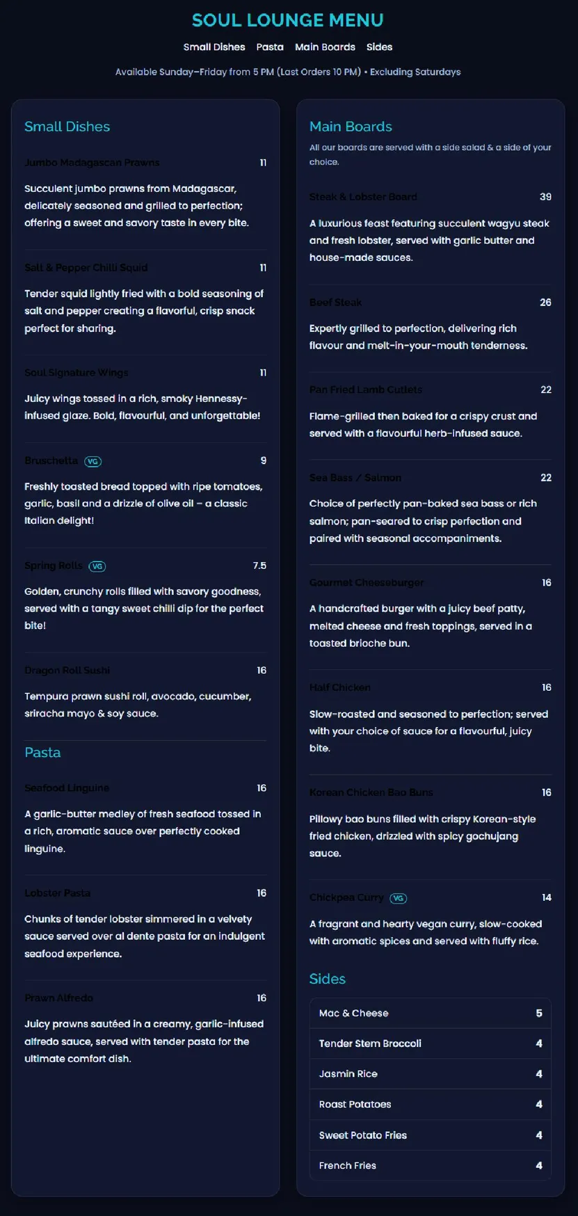 Soul Lounge menu, page 1