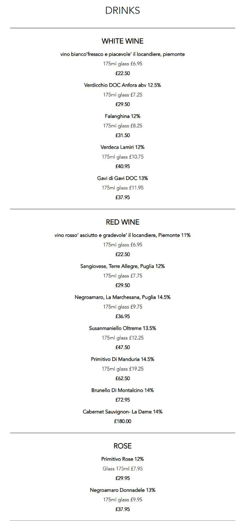Tarantella menu, page 1