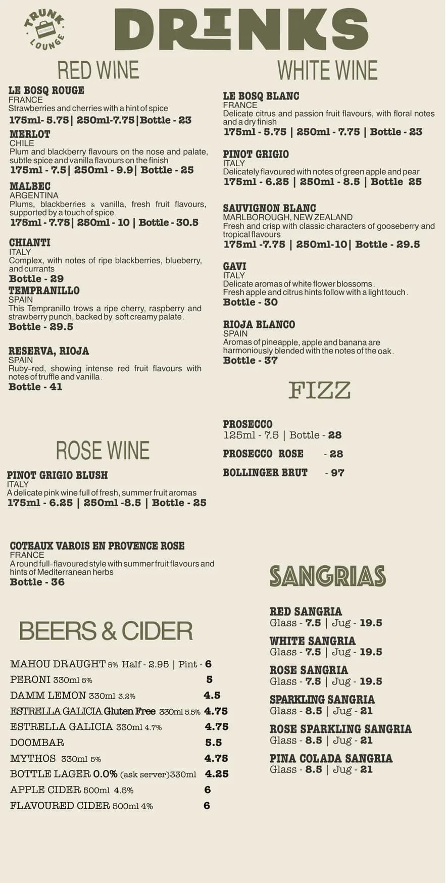 Trunk Lounge menu, page 3