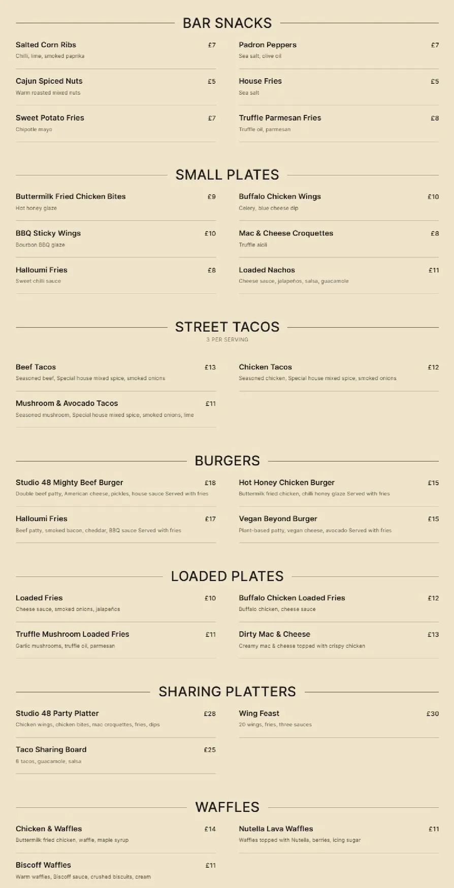 Studio48 menu, page 1