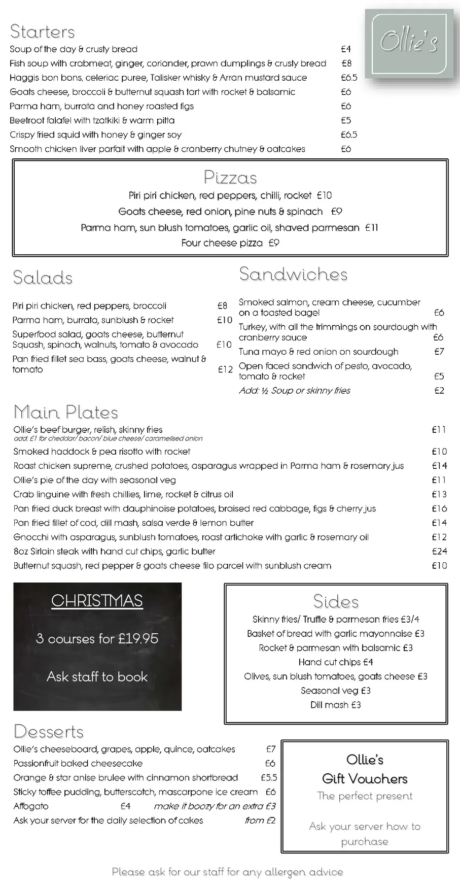 Ollie's menu, page 1