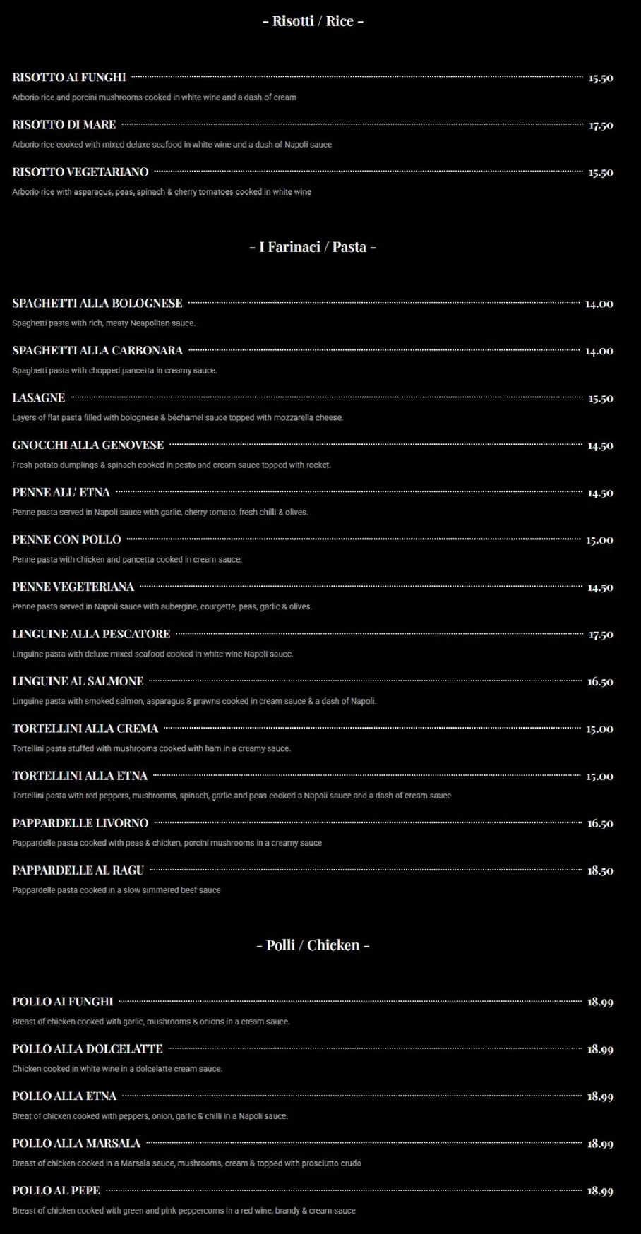 Etna Italian menu, page 2