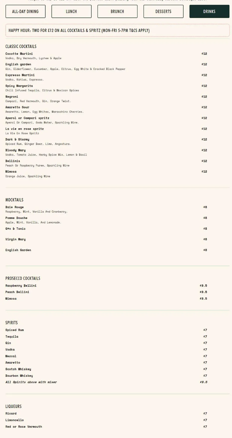 Cocotte South Kensington menu, page 5
