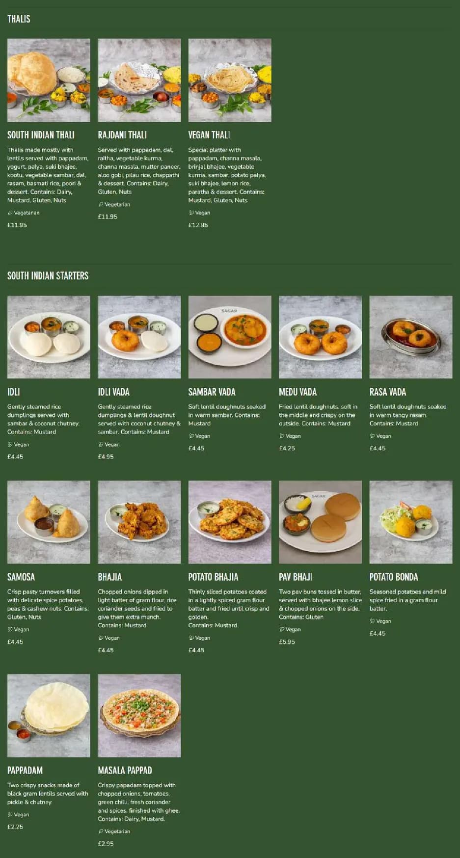 Sagar menu, page 1
